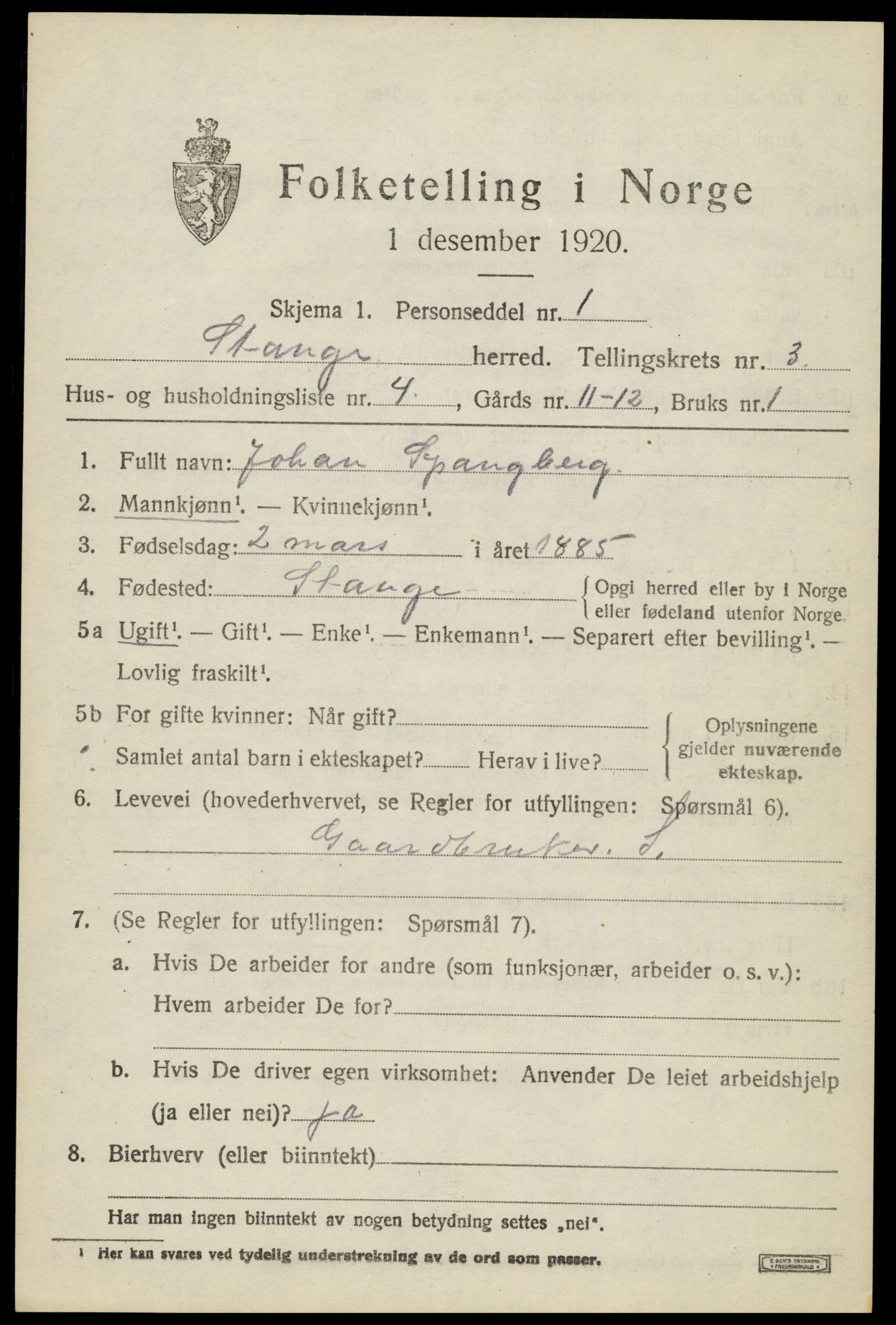 SAH, 1920 census for Stange, 1920, p. 5227