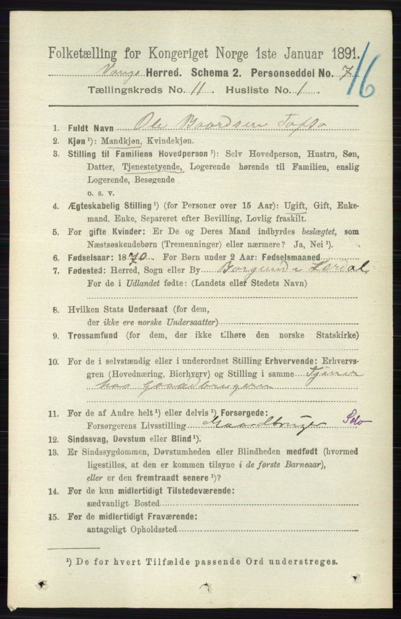 RA, 1891 census for 0545 Vang, 1891, p. 2403