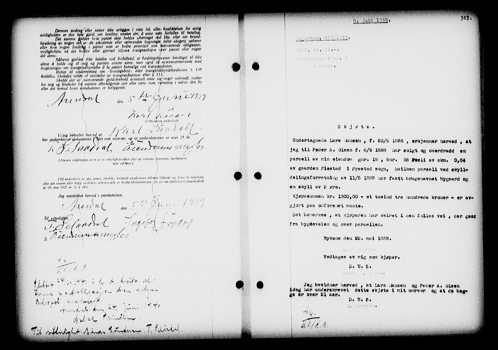 Nedenes sorenskriveri, SAK/1221-0006/G/Gb/Gba/L0046: Mortgage book no. 42, 1938-1939, Diary no: : 567/1939