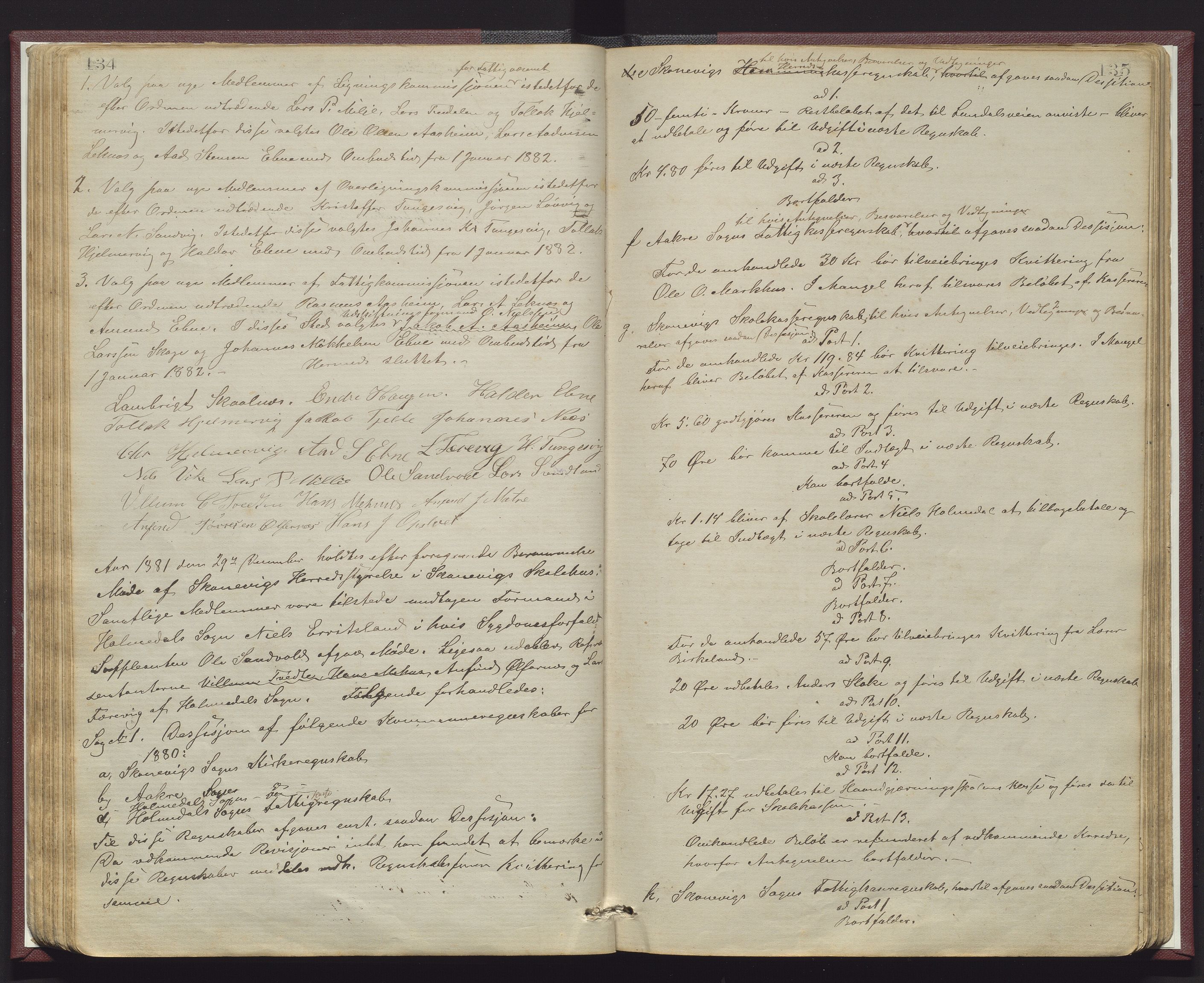 Skånevik kommune. Formannskapet, IKAH/1212-021/A/Aa/L0003: Møtebok for Skånevik formannskap og heradsstyre, 1875-1889, p. 134-135