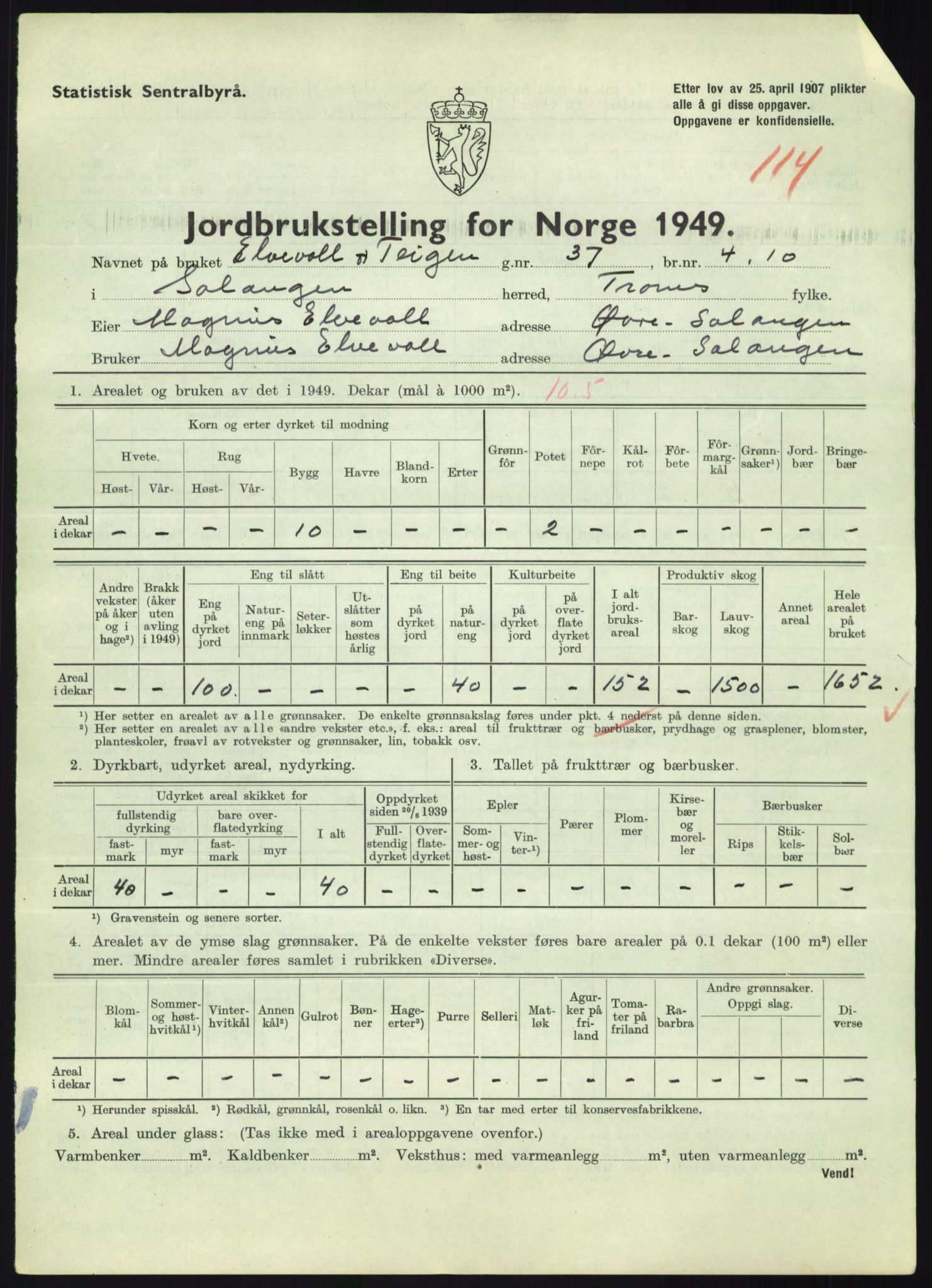 Statistisk sentralbyrå, Næringsøkonomiske emner, Jordbruk, skogbruk, jakt, fiske og fangst, AV/RA-S-2234/G/Gc/L0438: Troms: Salangen og Bardu, 1949, p. 906