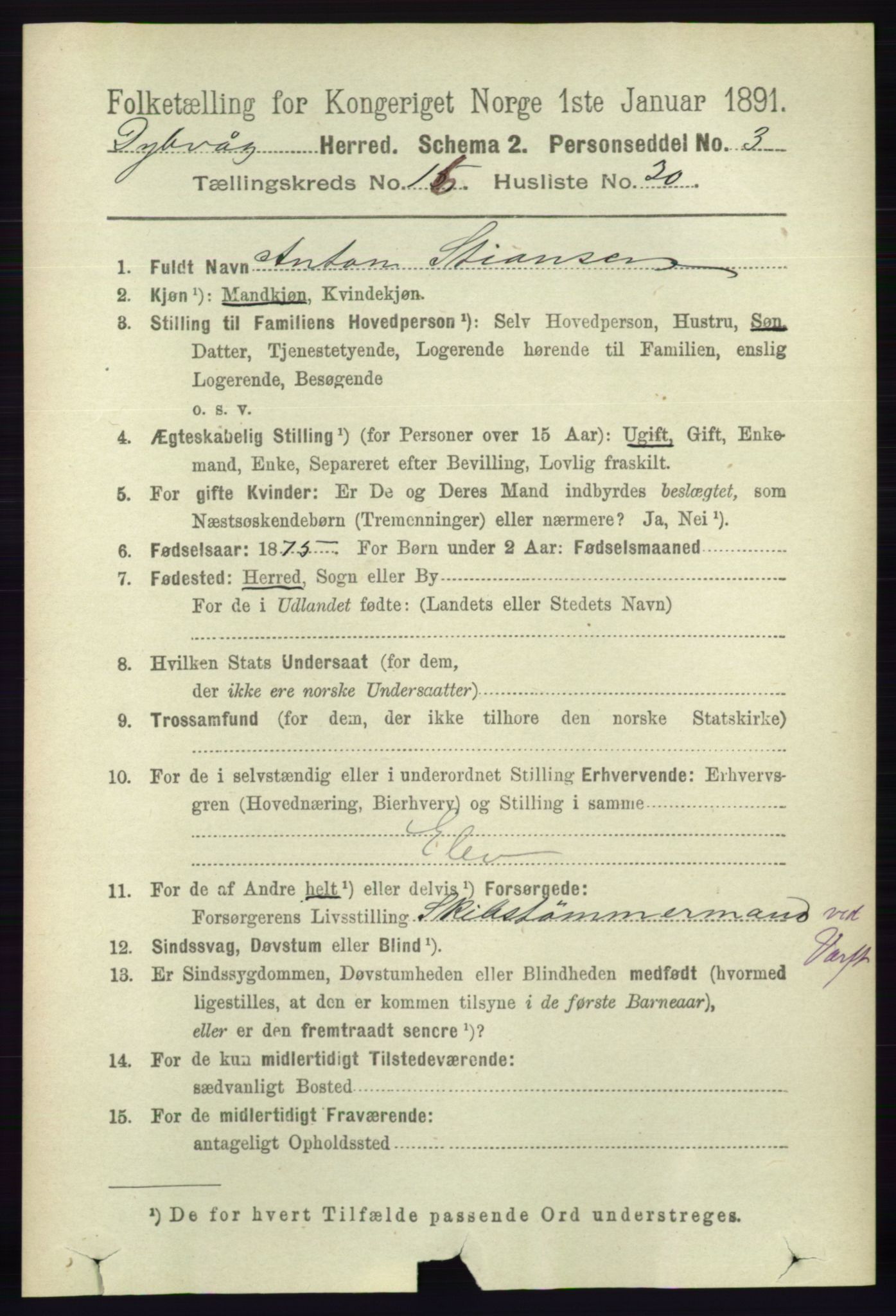 RA, 1891 census for 0915 Dypvåg, 1891, p. 6588