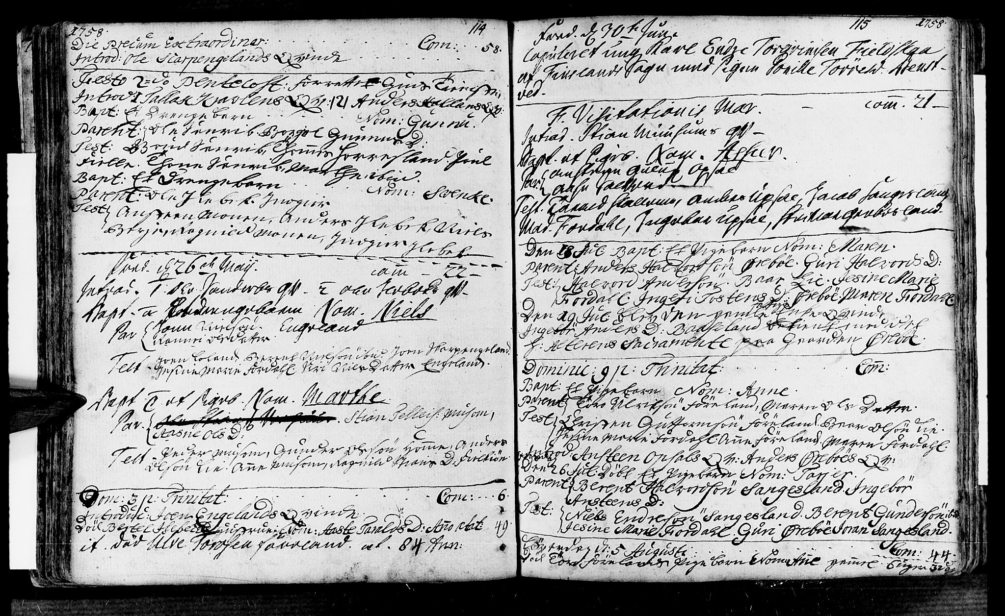 Vennesla sokneprestkontor, AV/SAK-1111-0045/Fa/Fac/L0001: Parish register (official) no. A 1, 1743-1784, p. 114-115