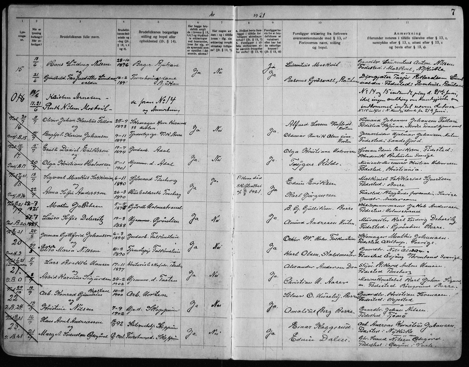 Borre kirkebøker, AV/SAKO-A-338/H/Ha/L0003: Banns register no. 3, 1919-1949, p. 7