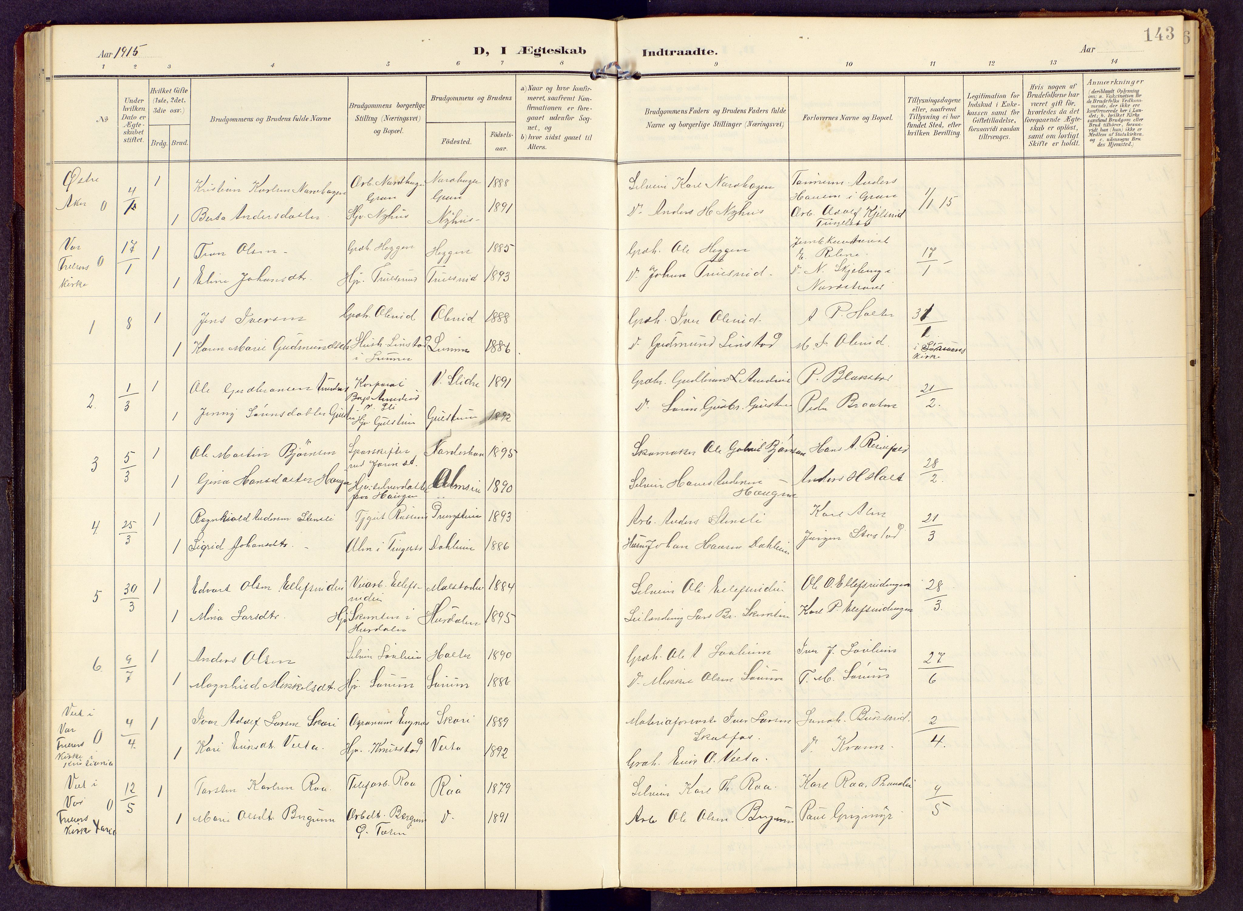 Brandbu prestekontor, SAH/PREST-114/H/Ha/Hab/L0009: Parish register (copy) no. 9, 1903-1916, p. 143