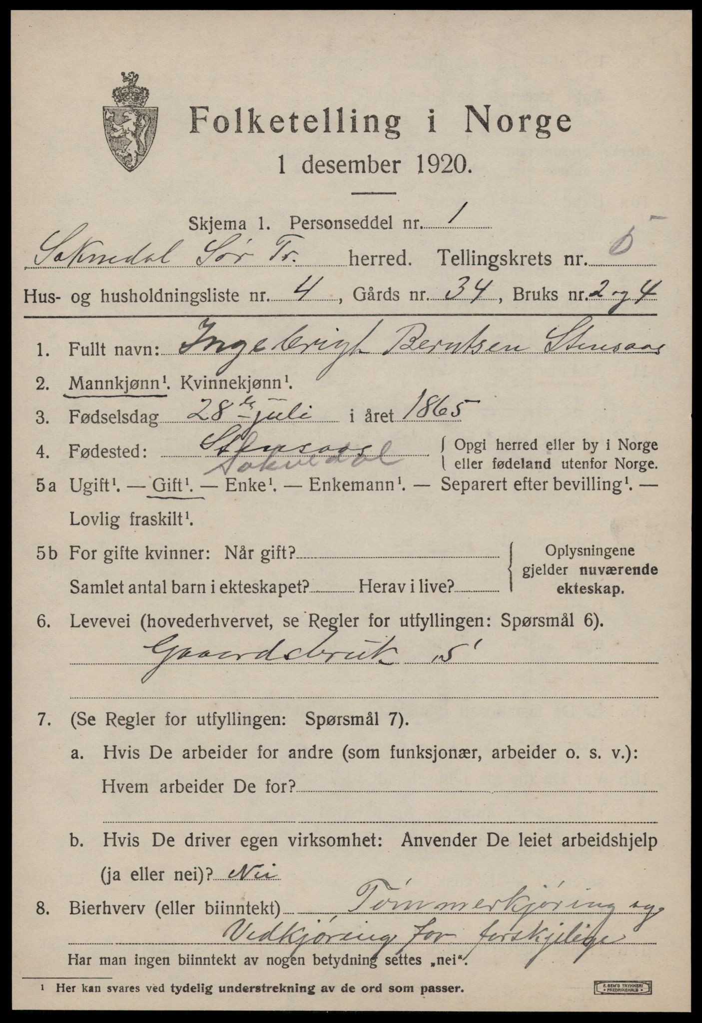 SAT, 1920 census for Soknedal, 1920, p. 2690