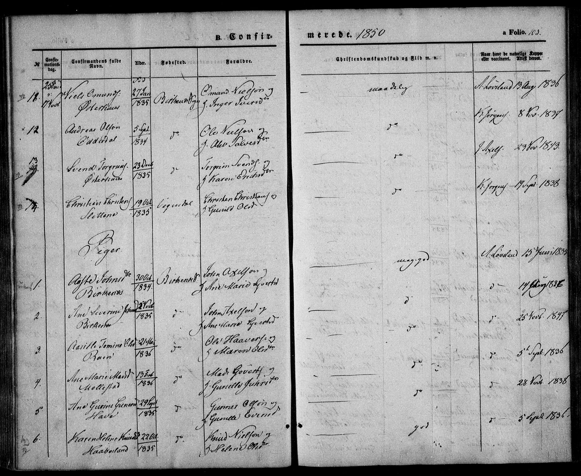 Birkenes sokneprestkontor, AV/SAK-1111-0004/F/Fa/L0003: Parish register (official) no. A 3, 1850-1866, p. 105