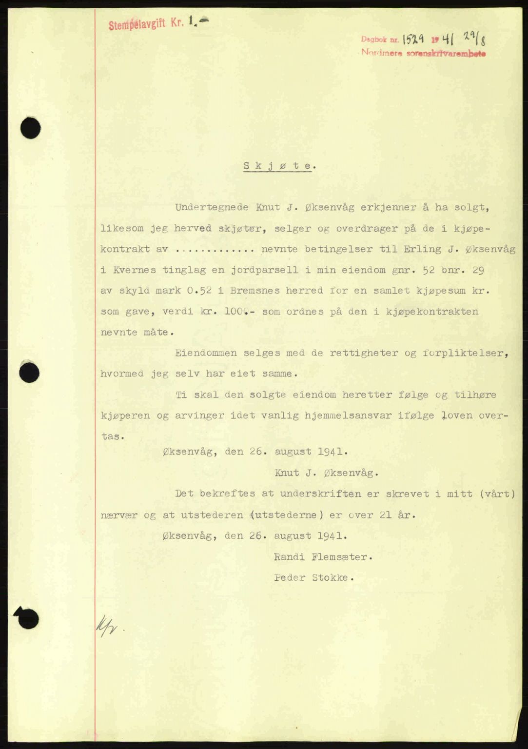 Nordmøre sorenskriveri, SAT/A-4132/1/2/2Ca: Mortgage book no. A90, 1941-1941, Diary no: : 1529/1941