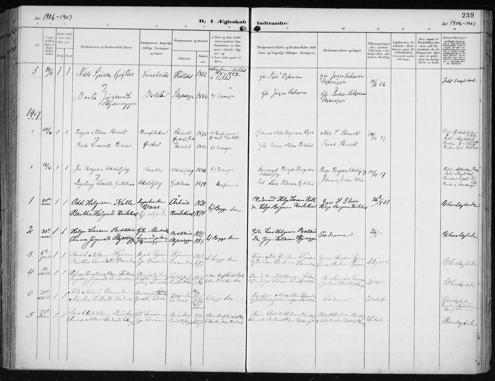 Evanger sokneprestembete, SAB/A-99924: Parish register (official) no. A  3, 1900-1930, p. 239