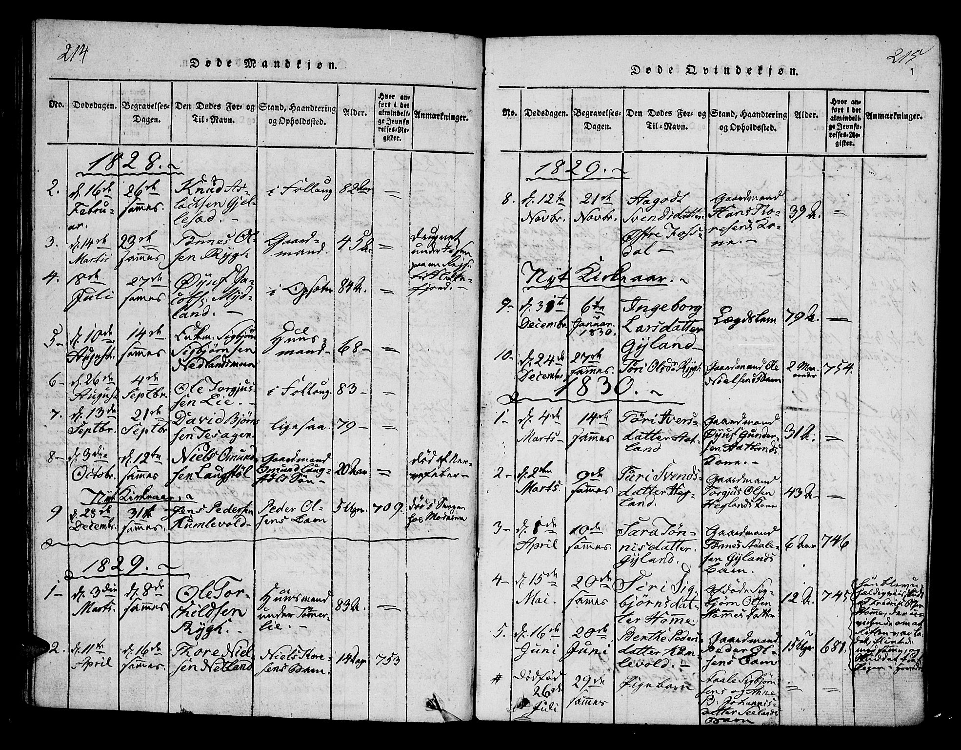 Bakke sokneprestkontor, AV/SAK-1111-0002/F/Fa/Fab/L0001: Parish register (official) no. A 1, 1815-1835, p. 214-215