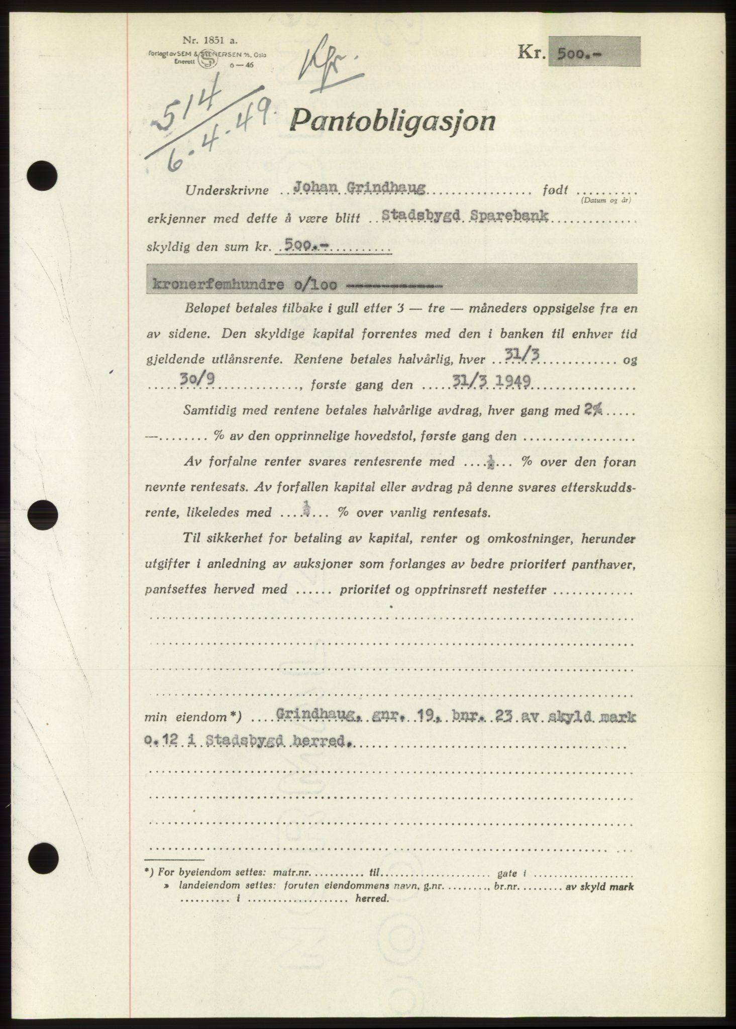 Fosen sorenskriveri, AV/SAT-A-1107/1/2/2C: Mortgage book no. B, 1948-1950, Diary no: : 514/1949