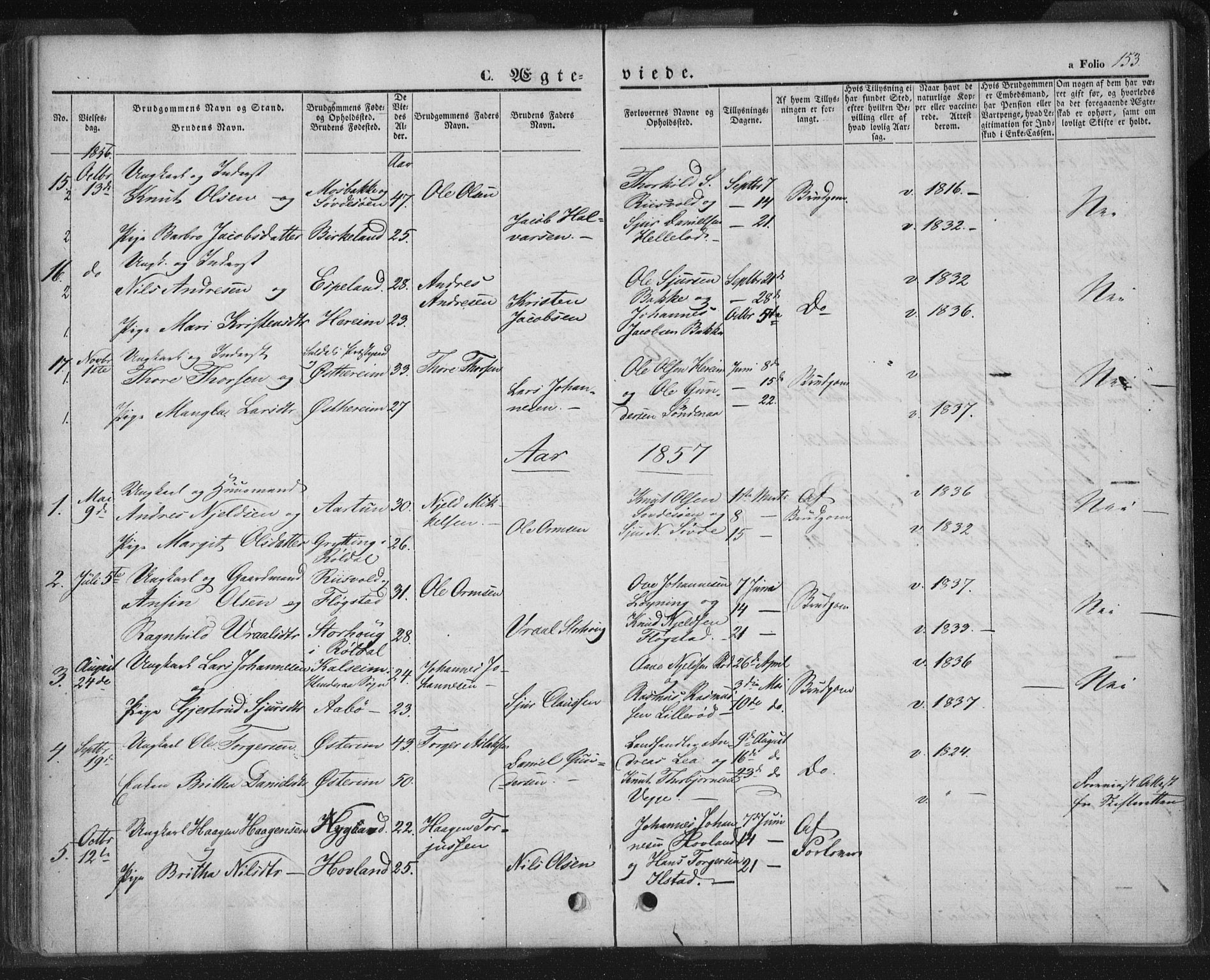 Sand sokneprestkontor, AV/SAST-A-101848/01/III/L0002: Parish register (official) no. A 2, 1838-1859, p. 153