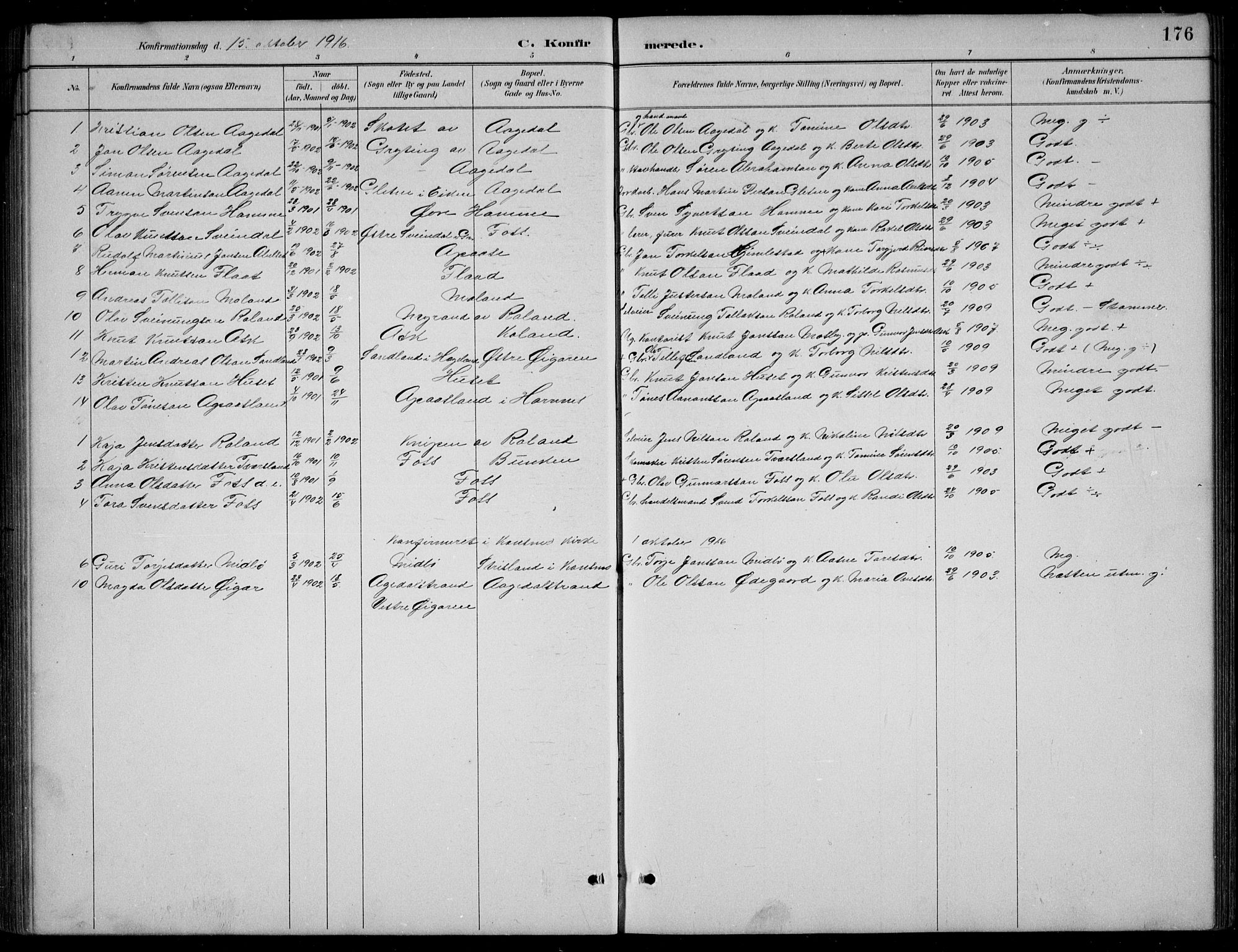 Bjelland sokneprestkontor, SAK/1111-0005/F/Fb/Fba/L0005: Parish register (copy) no. B 5, 1887-1923, p. 176