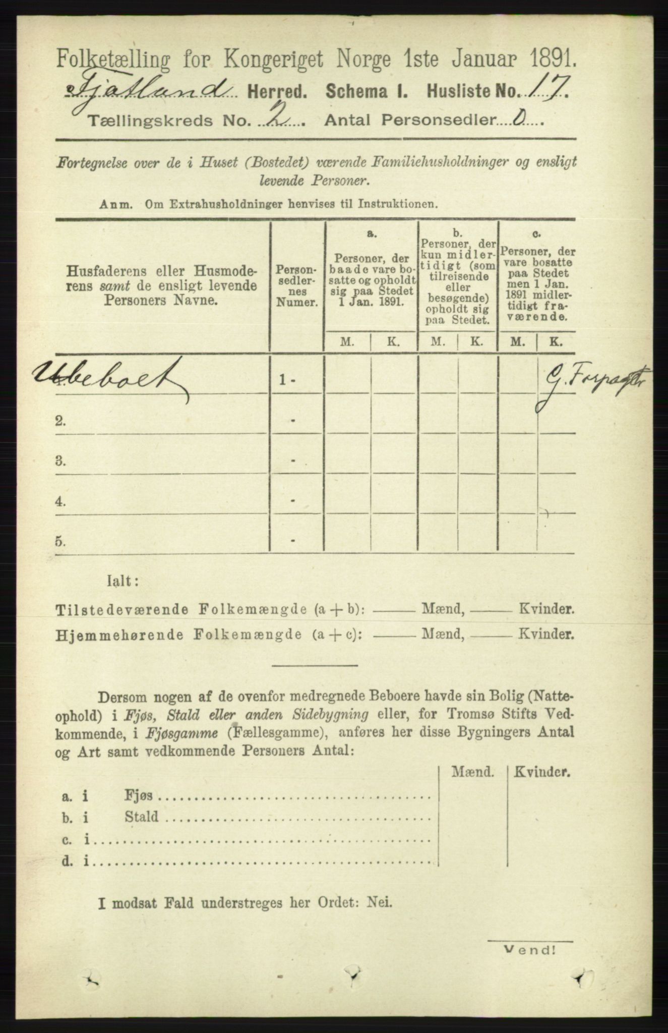 RA, 1891 census for 1036 Fjotland, 1891, p. 227