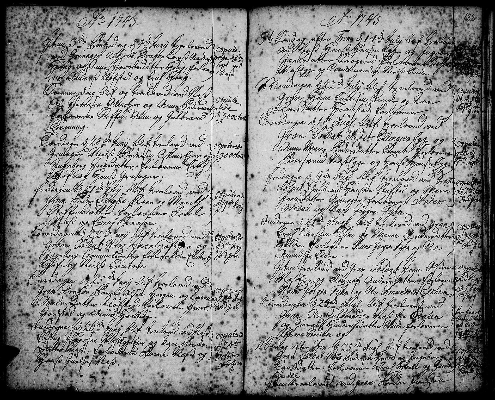 Gran prestekontor, SAH/PREST-112/H/Ha/Haa/L0002: Parish register (official) no. 2, 1732-1744, p. 182