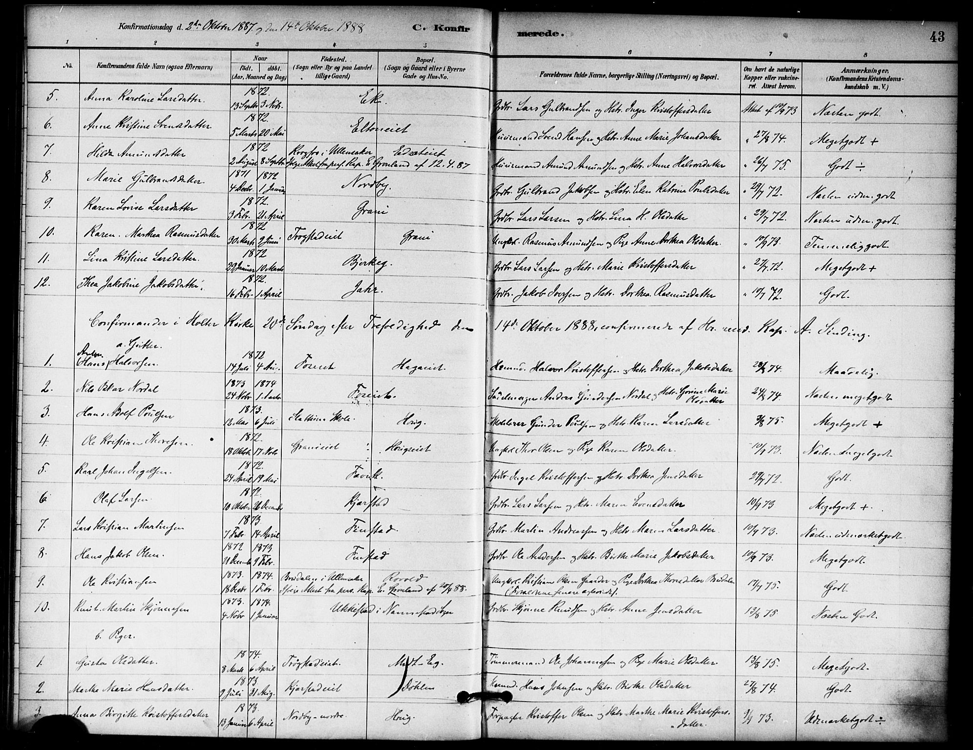 Nannestad prestekontor Kirkebøker, SAO/A-10414a/F/Fb/L0001: Parish register (official) no. II 1, 1881-1890, p. 43