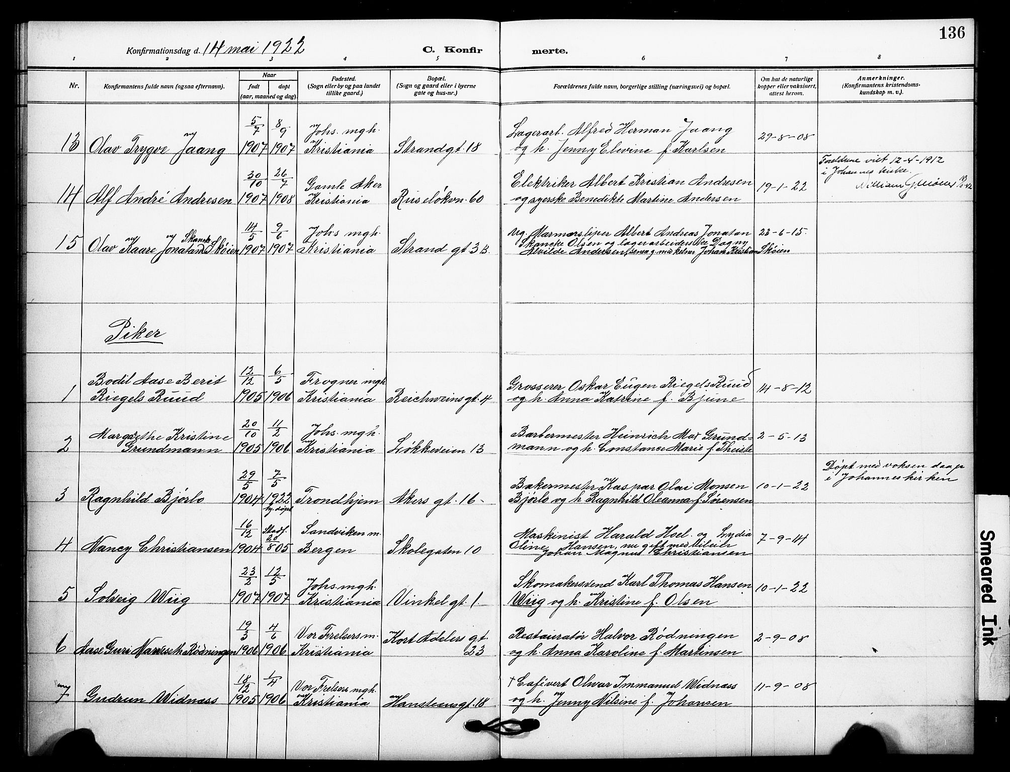 Johannes prestekontor Kirkebøker, AV/SAO-A-10852/F/Fa/L0011: Parish register (official) no. 11, 1908-1921, p. 136