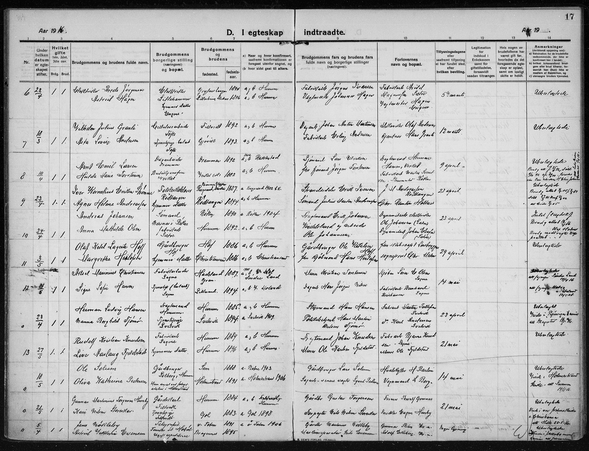 Hurum kirkebøker, AV/SAKO-A-229/F/Fa/L0017: Parish register (official) no. 17, 1910-1925, p. 17