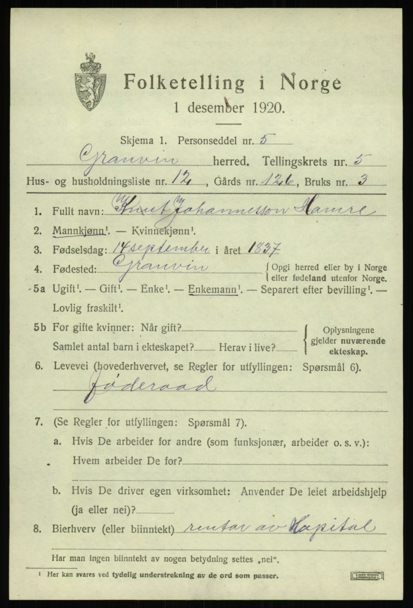 SAB, 1920 census for Granvin, 1920, p. 2498