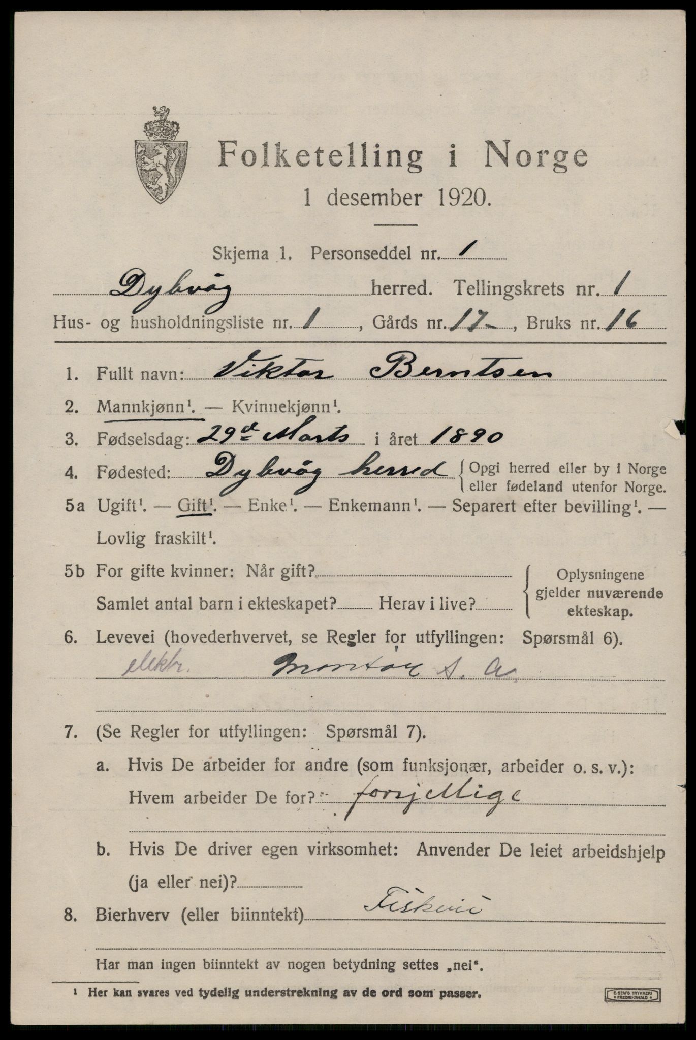 SAK, 1920 census for Dypvåg, 1920, p. 1307