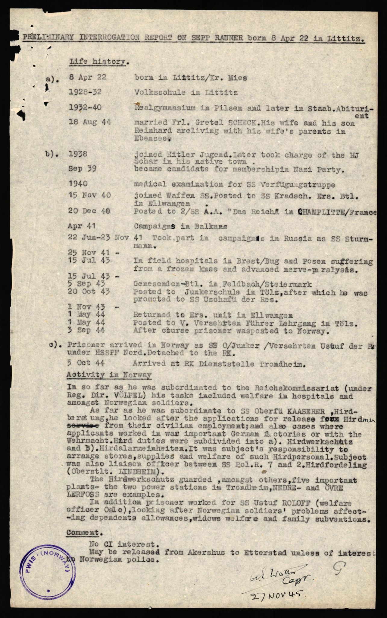 Forsvaret, Forsvarets overkommando II, AV/RA-RAFA-3915/D/Db/L0040: CI Questionaires. Tyske okkupasjonsstyrker i Norge. Østerrikere., 1945-1946, p. 93