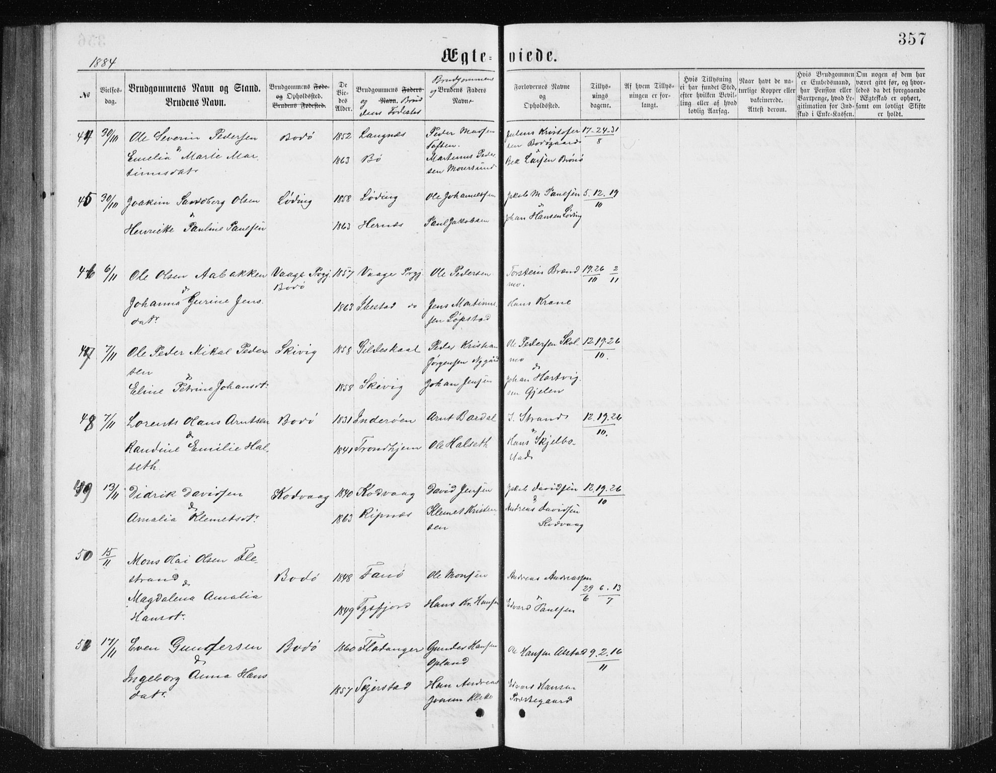 Ministerialprotokoller, klokkerbøker og fødselsregistre - Nordland, AV/SAT-A-1459/801/L0031: Parish register (copy) no. 801C06, 1883-1887, p. 357