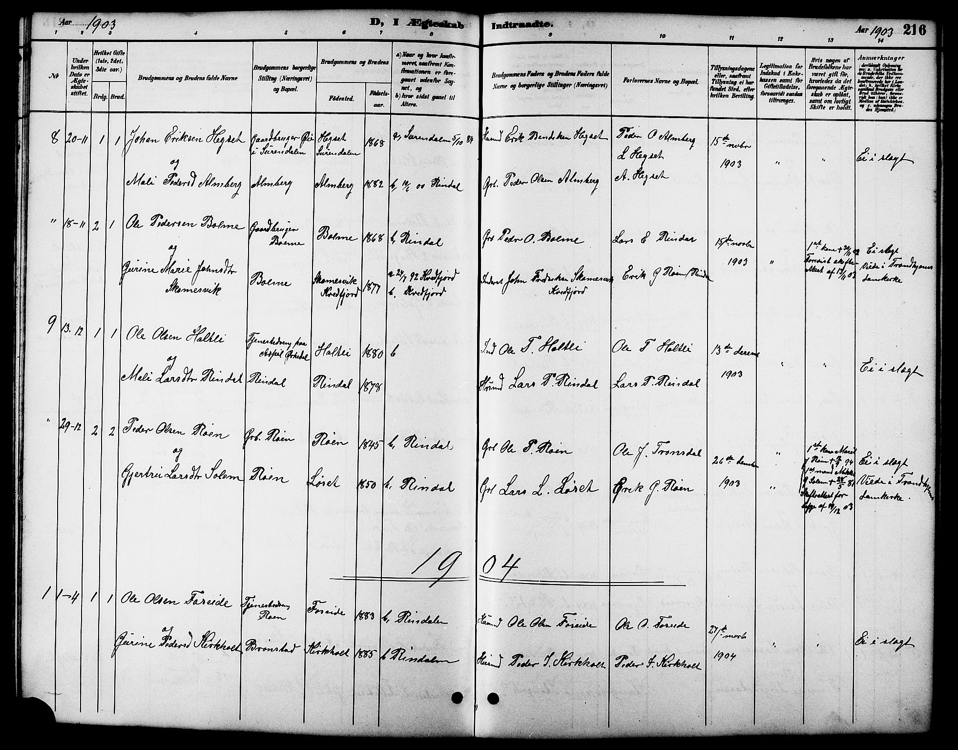 Ministerialprotokoller, klokkerbøker og fødselsregistre - Møre og Romsdal, SAT/A-1454/598/L1078: Parish register (copy) no. 598C03, 1892-1909, p. 216