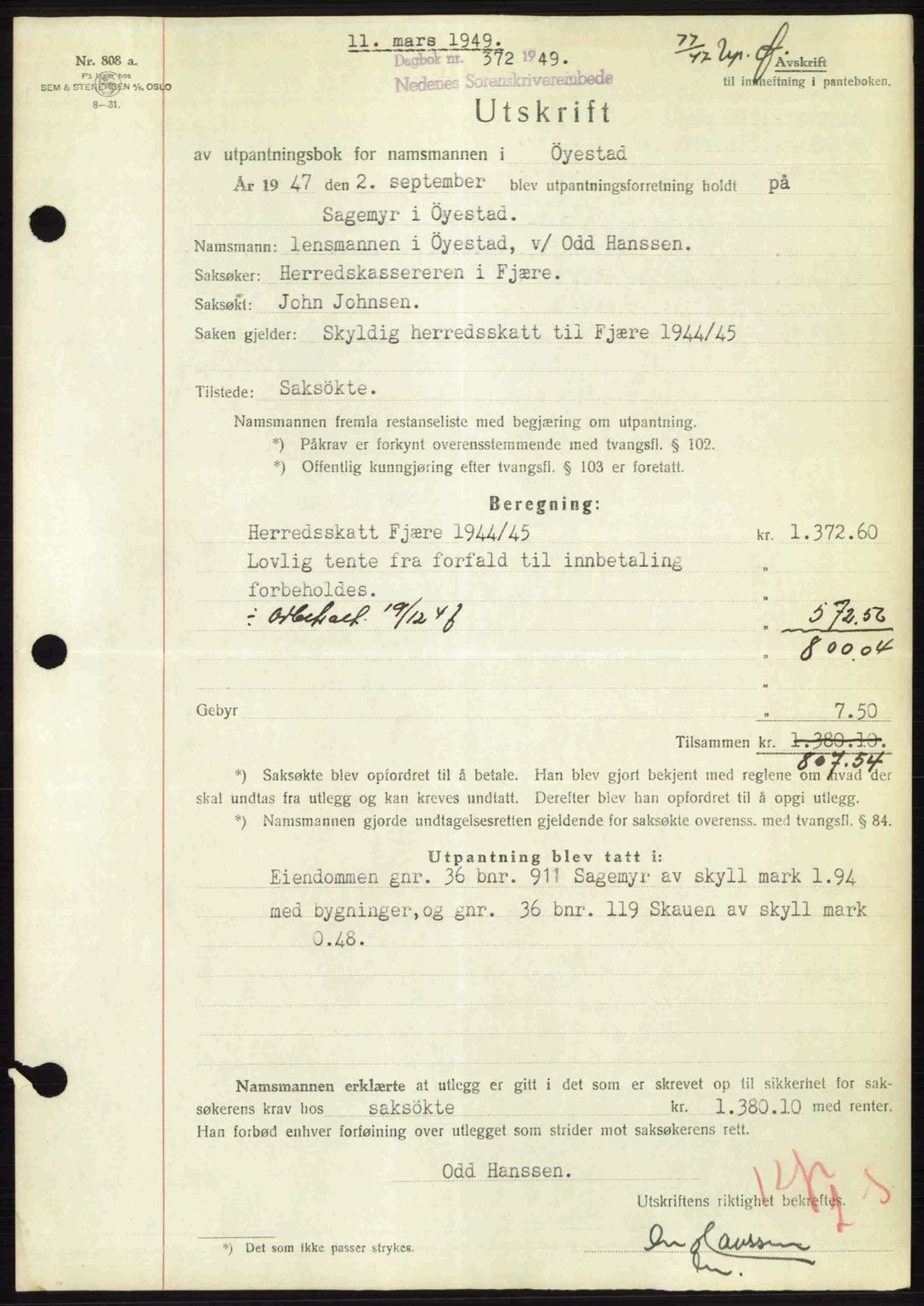 Nedenes sorenskriveri, SAK/1221-0006/G/Gb/Gba/L0060: Mortgage book no. A12, 1948-1949, Diary no: : 372/1949