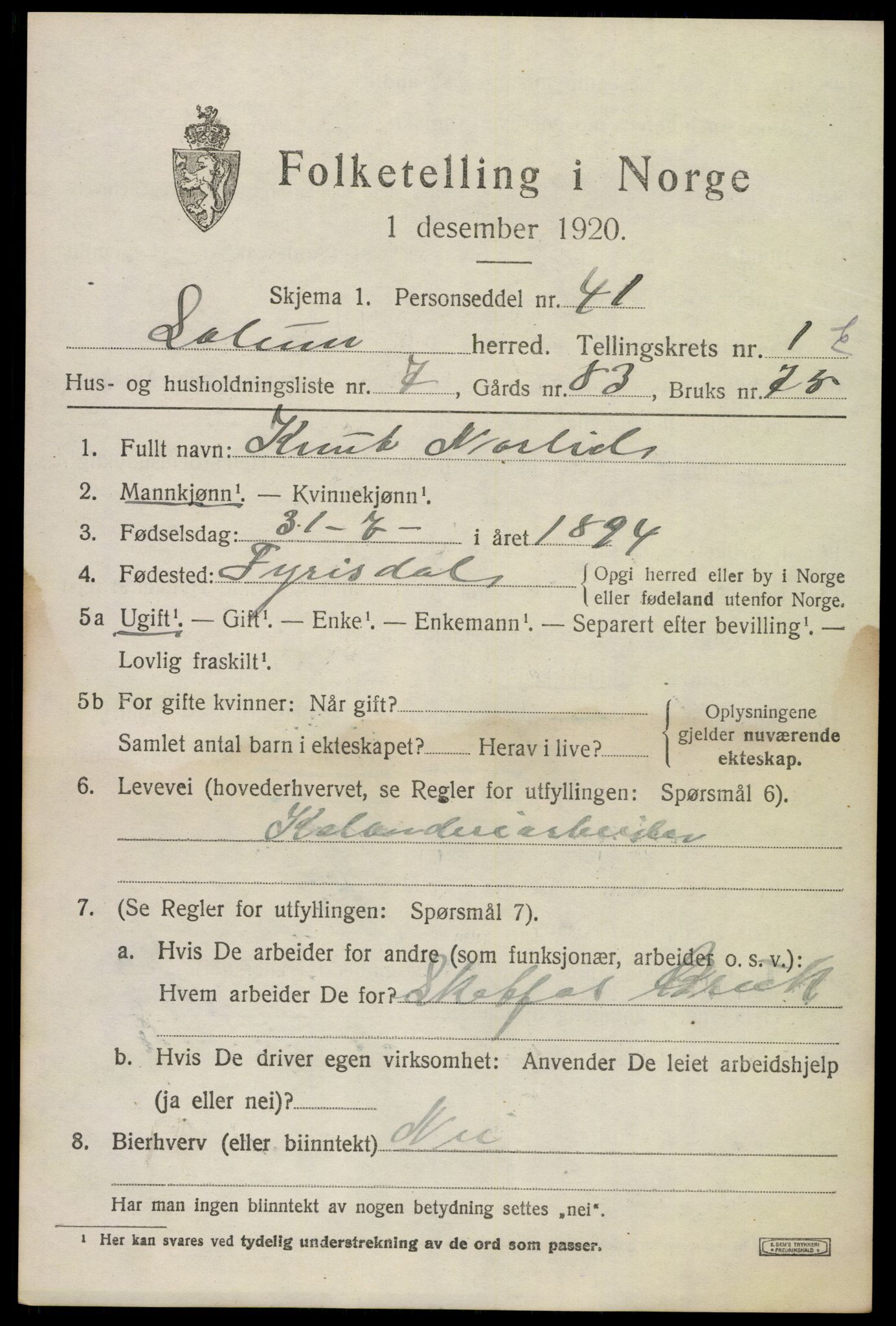 SAKO, 1920 census for Solum, 1920, p. 4210