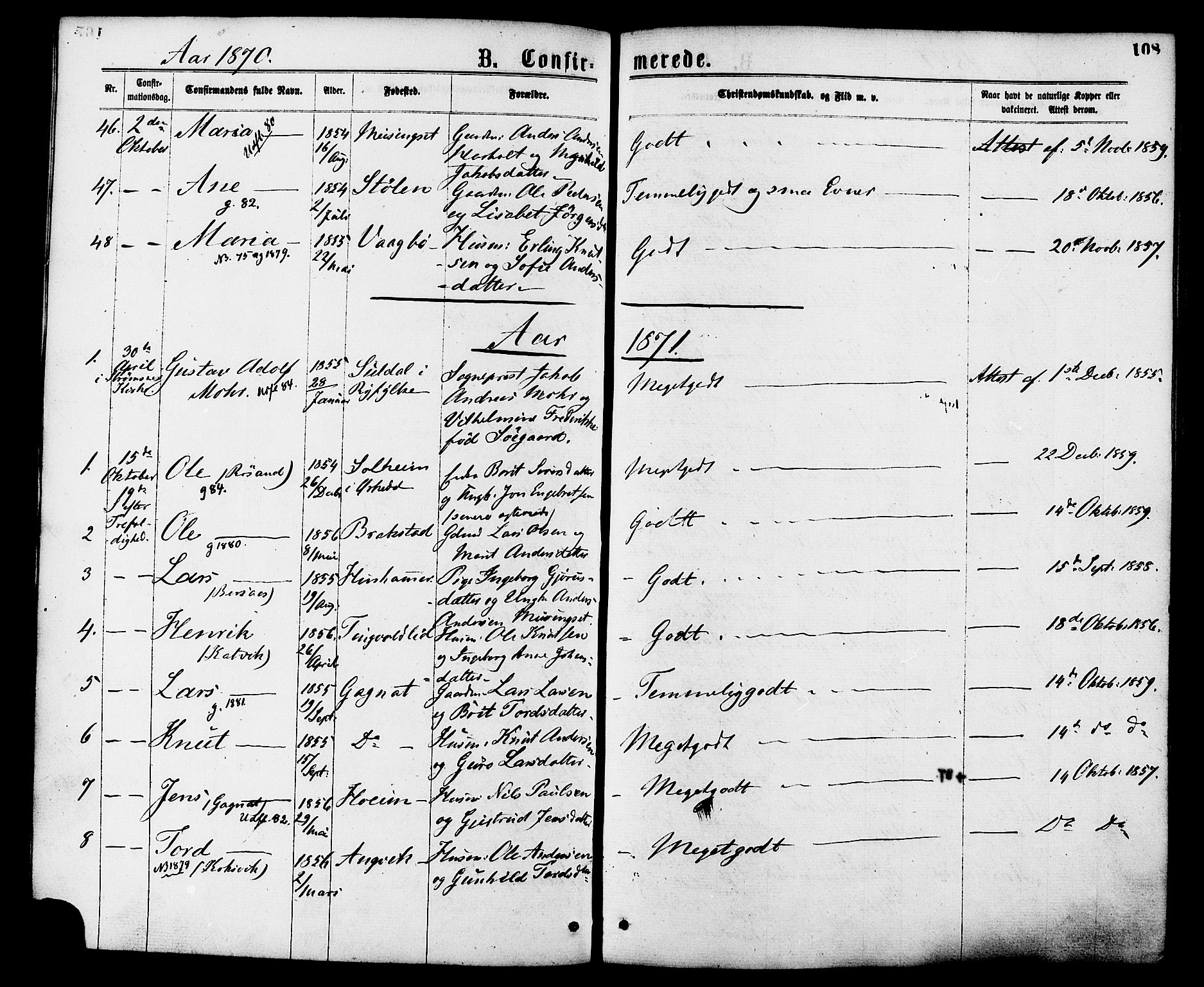 Ministerialprotokoller, klokkerbøker og fødselsregistre - Møre og Romsdal, SAT/A-1454/586/L0986: Parish register (official) no. 586A12, 1867-1878, p. 108