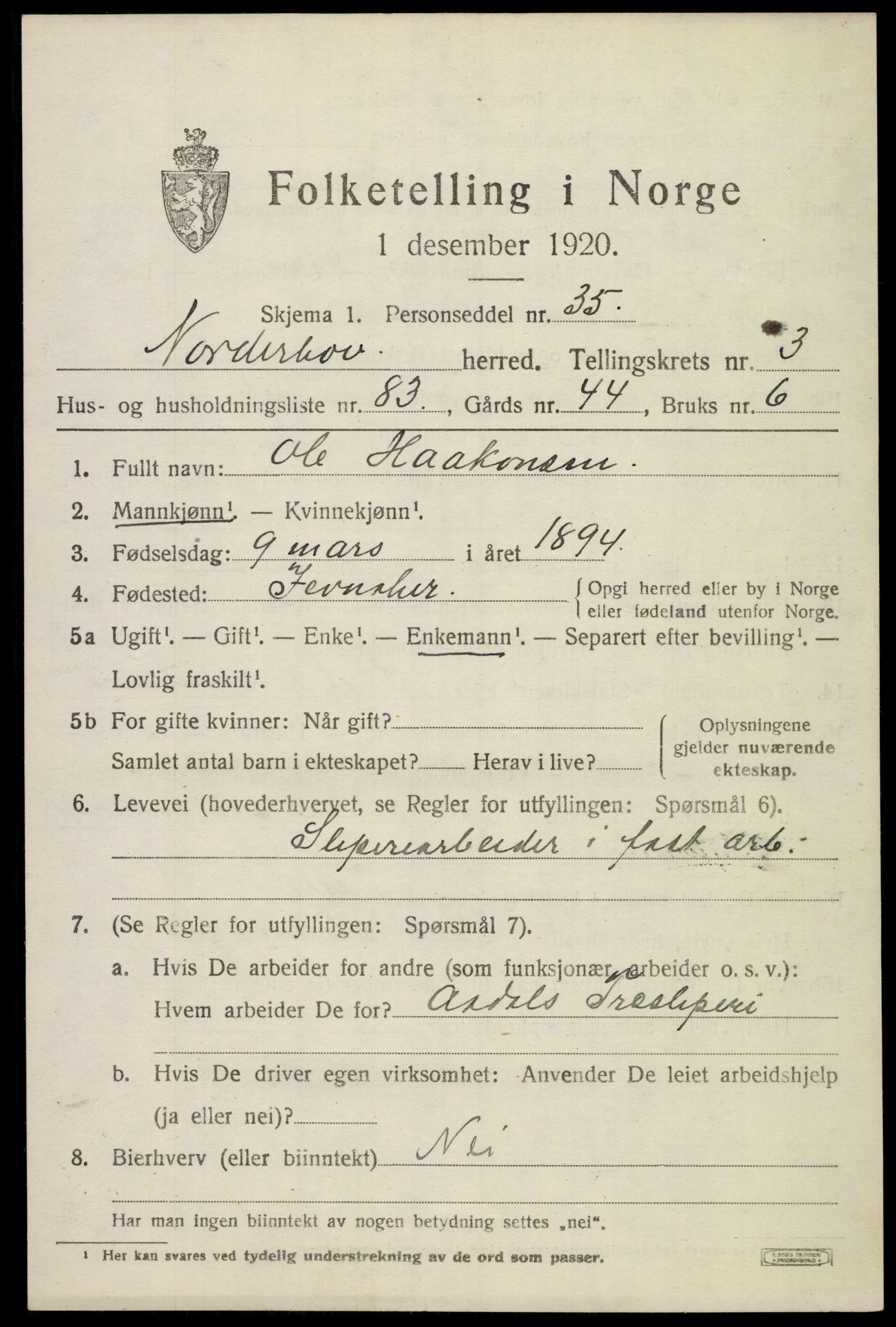 SAKO, 1920 census for Norderhov, 1920, p. 6201