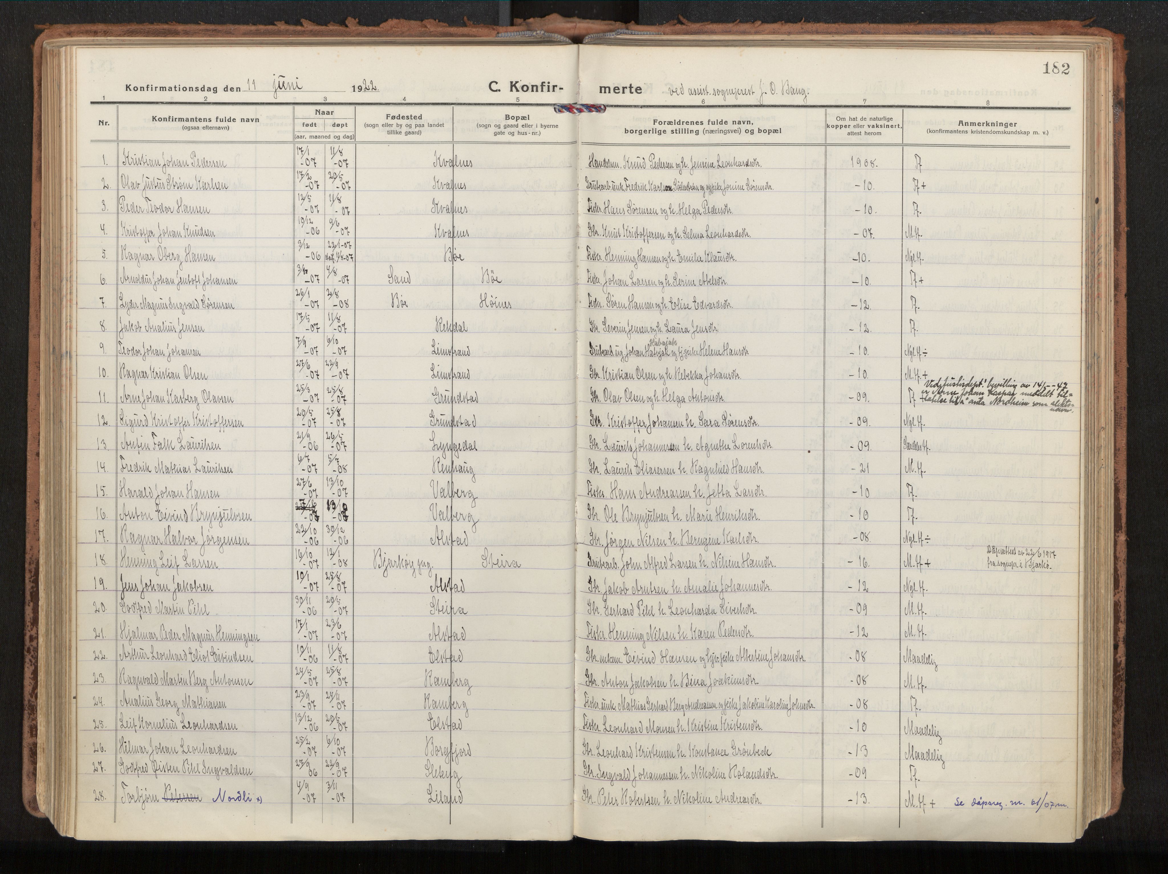 Ministerialprotokoller, klokkerbøker og fødselsregistre - Nordland, SAT/A-1459/880/L1136: Parish register (official) no. 880A10, 1919-1927, p. 182