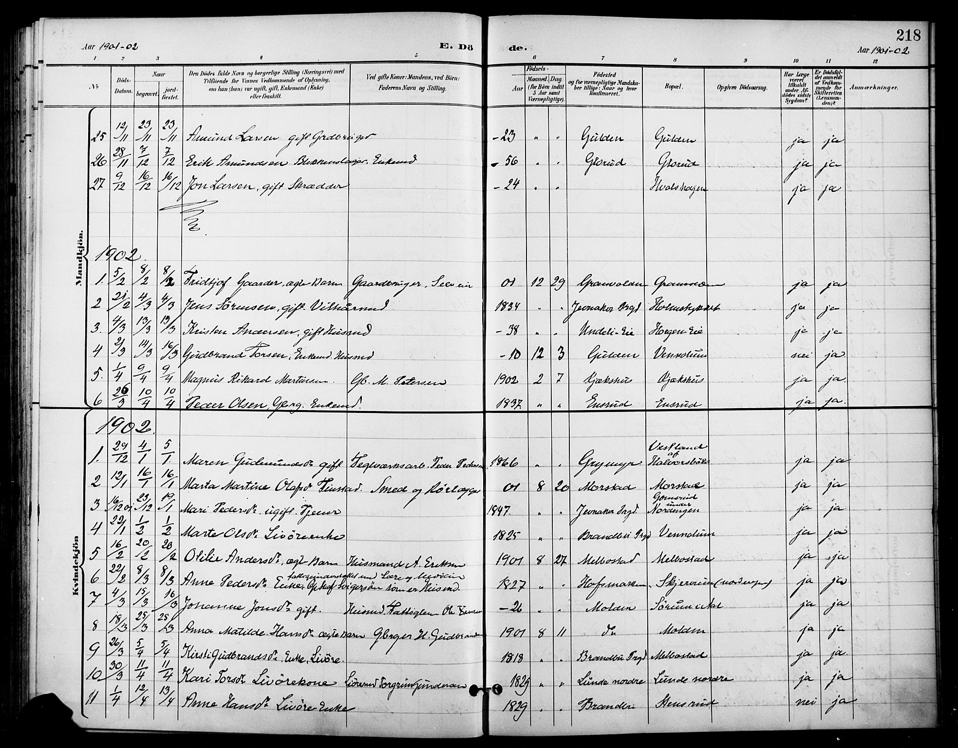 Gran prestekontor, SAH/PREST-112/H/Ha/Haa/L0019: Parish register (official) no. 19, 1898-1907, p. 218
