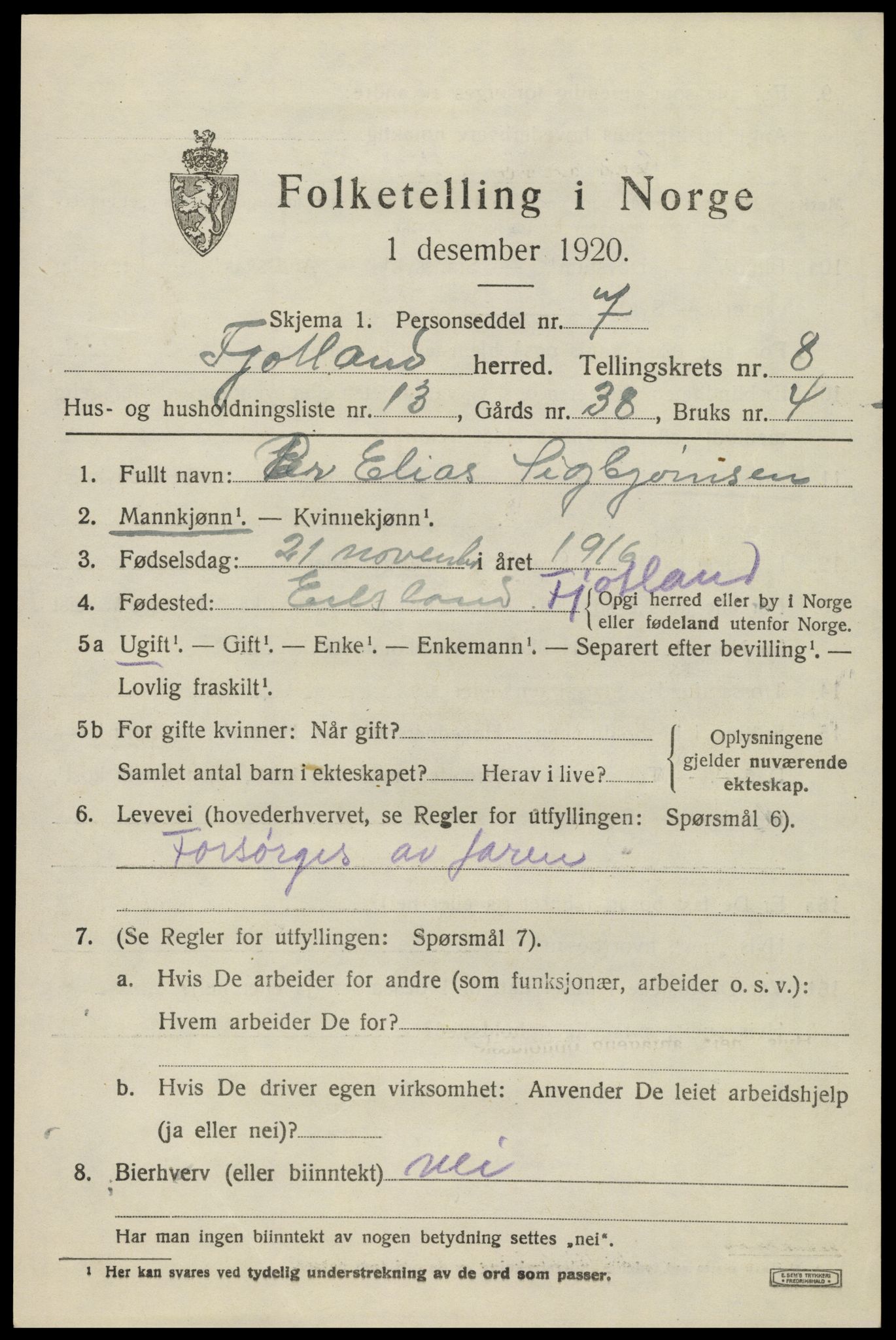 SAK, 1920 census for Fjotland, 1920, p. 2134