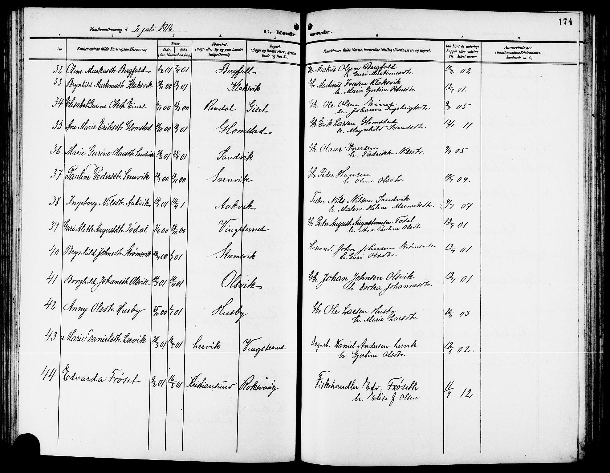 Ministerialprotokoller, klokkerbøker og fødselsregistre - Møre og Romsdal, AV/SAT-A-1454/578/L0910: Parish register (copy) no. 578C03, 1900-1921, p. 174