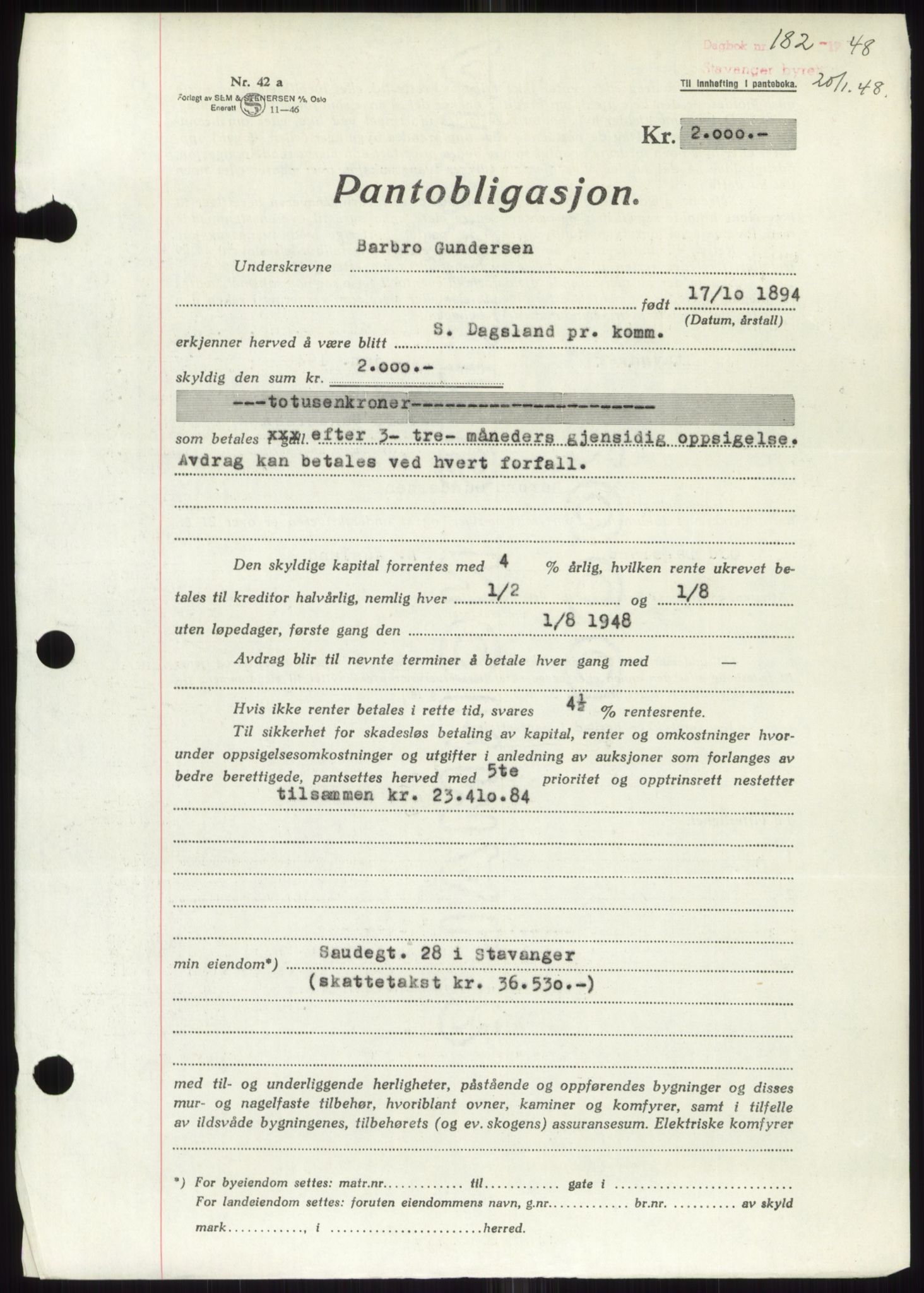 Stavanger byrett, SAST/A-100455/002/G/Gb/L0032: Mortgage book, 1947-1950, Diary no: : 182/1948