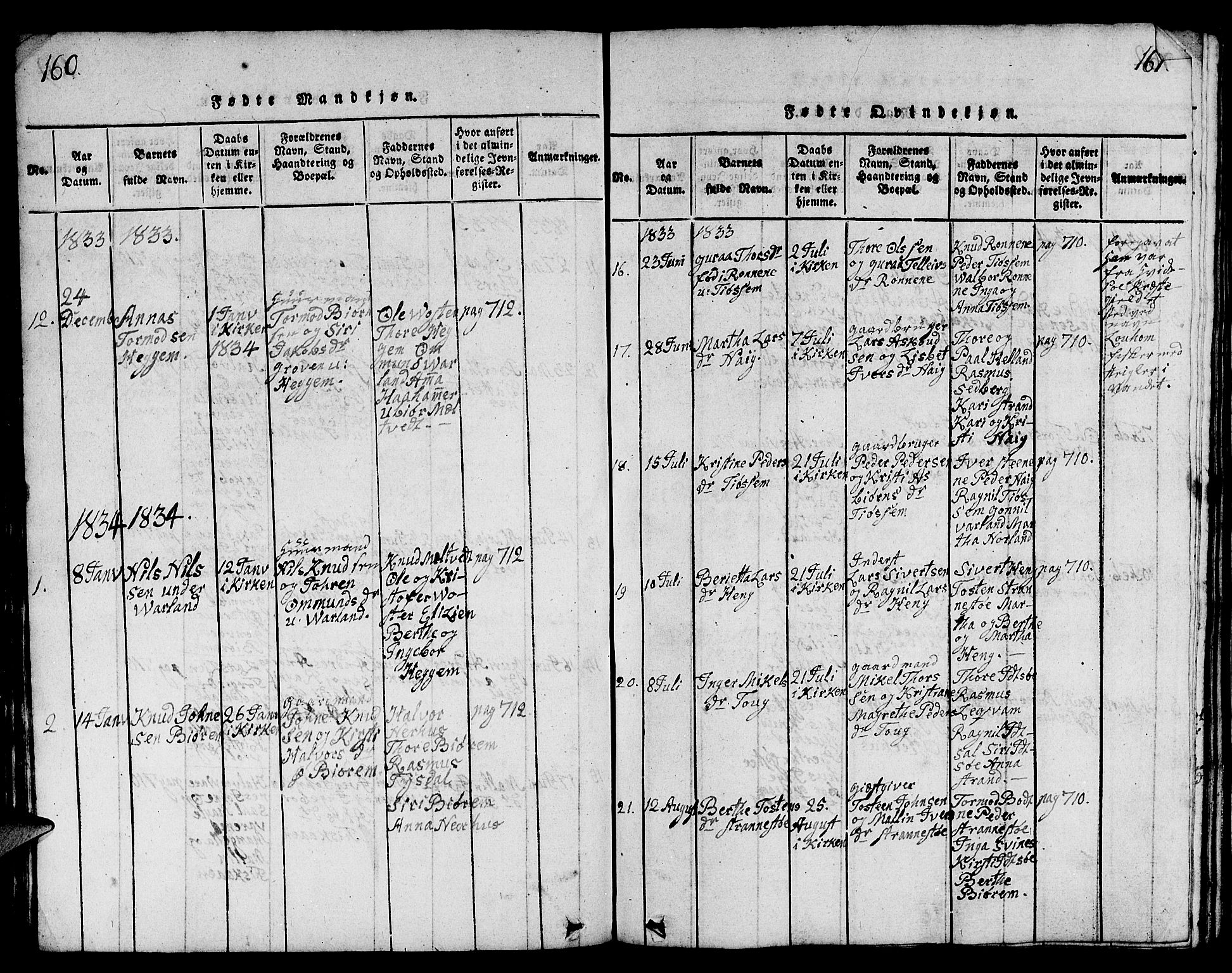 Strand sokneprestkontor, SAST/A-101828/H/Ha/Hab/L0001: Parish register (copy) no. B 1, 1816-1854, p. 160-161
