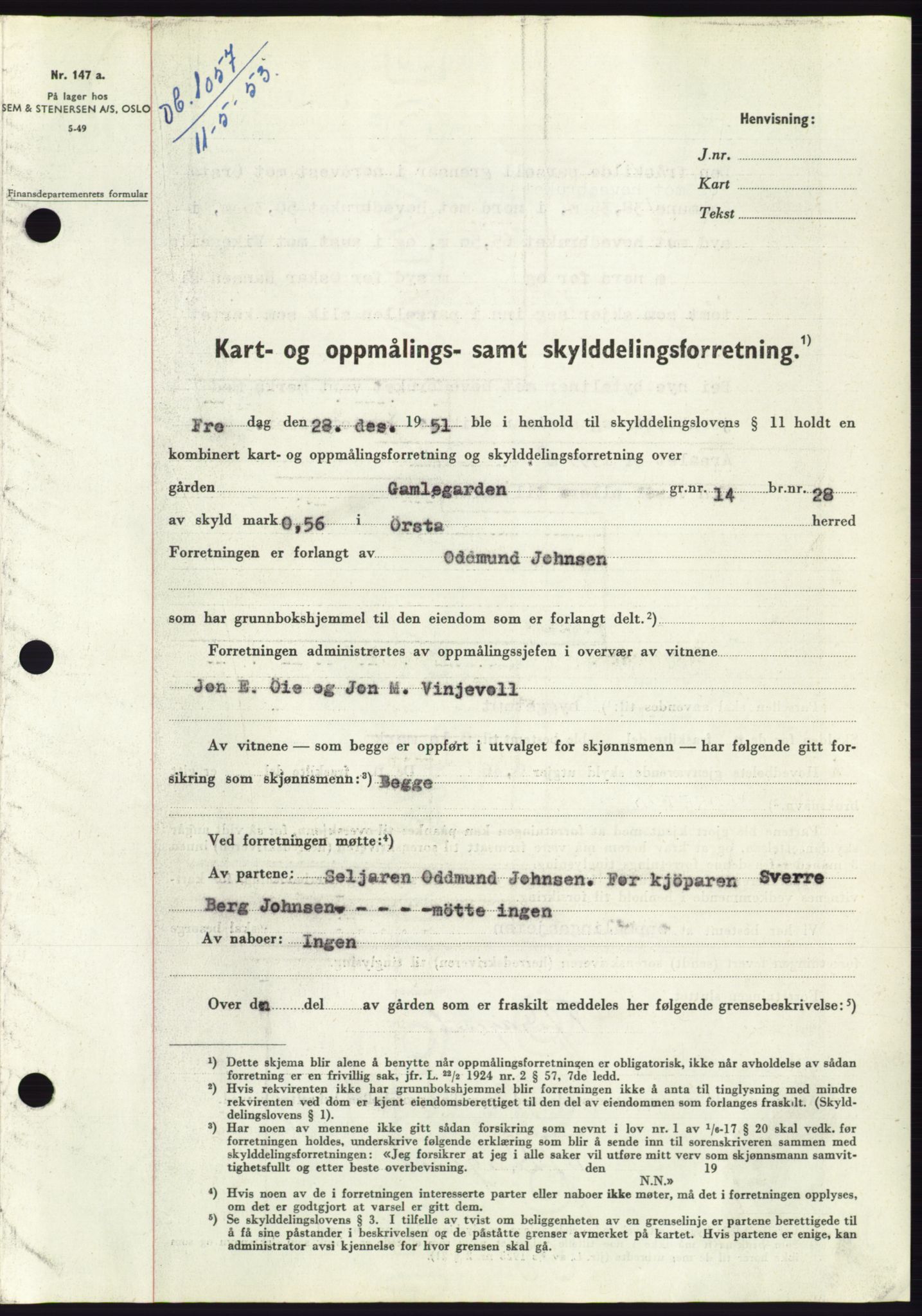 Søre Sunnmøre sorenskriveri, AV/SAT-A-4122/1/2/2C/L0094: Mortgage book no. 20A, 1953-1953, Diary no: : 1057/1953