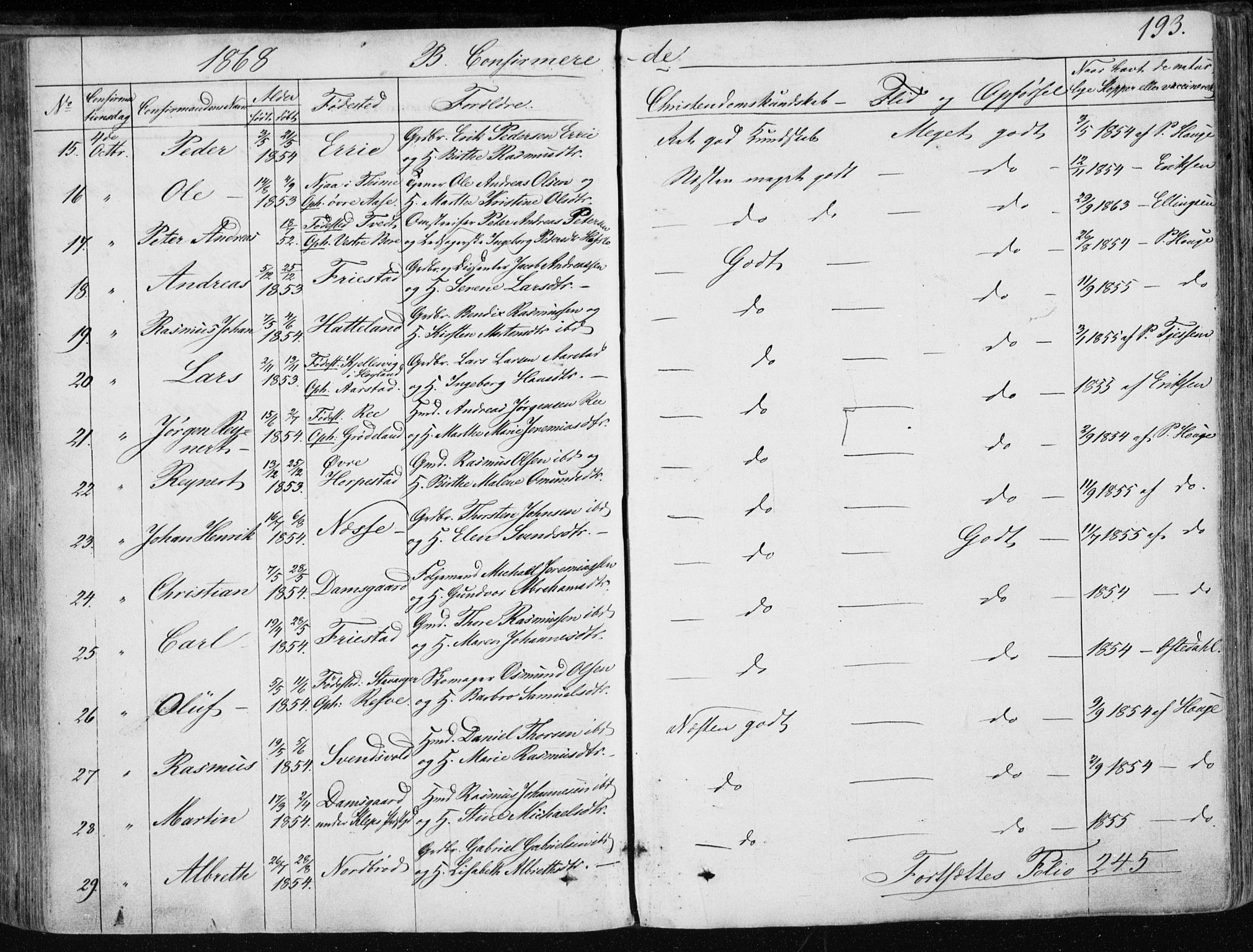 Klepp sokneprestkontor, AV/SAST-A-101803/001/3/30BA/L0005: Parish register (official) no. A 5, 1853-1870, p. 193
