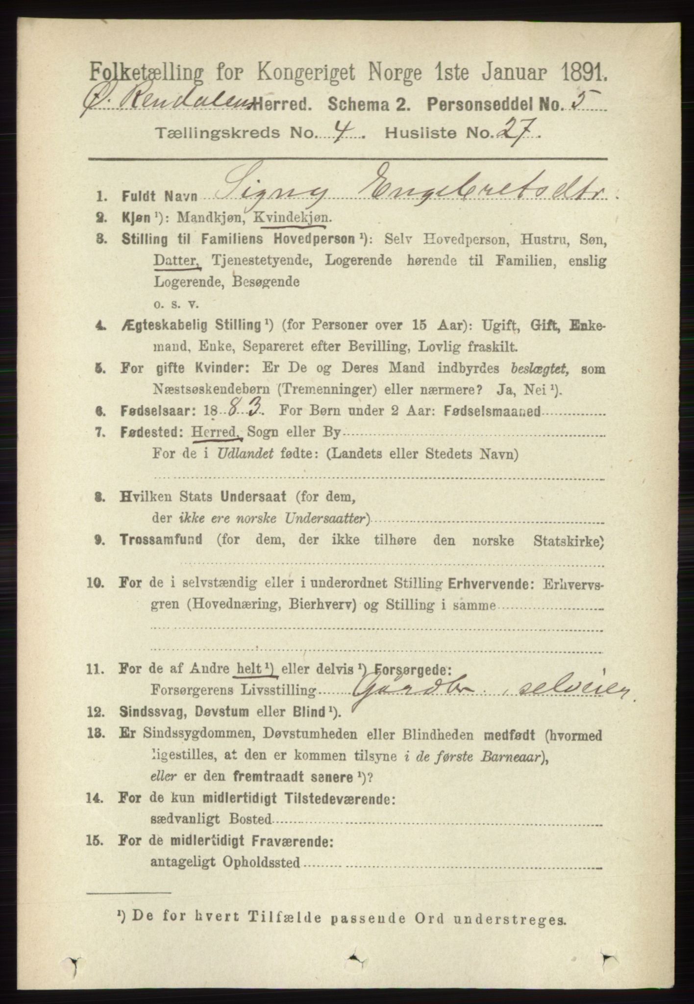 RA, 1891 census for 0433 Øvre Rendal, 1891, p. 1130