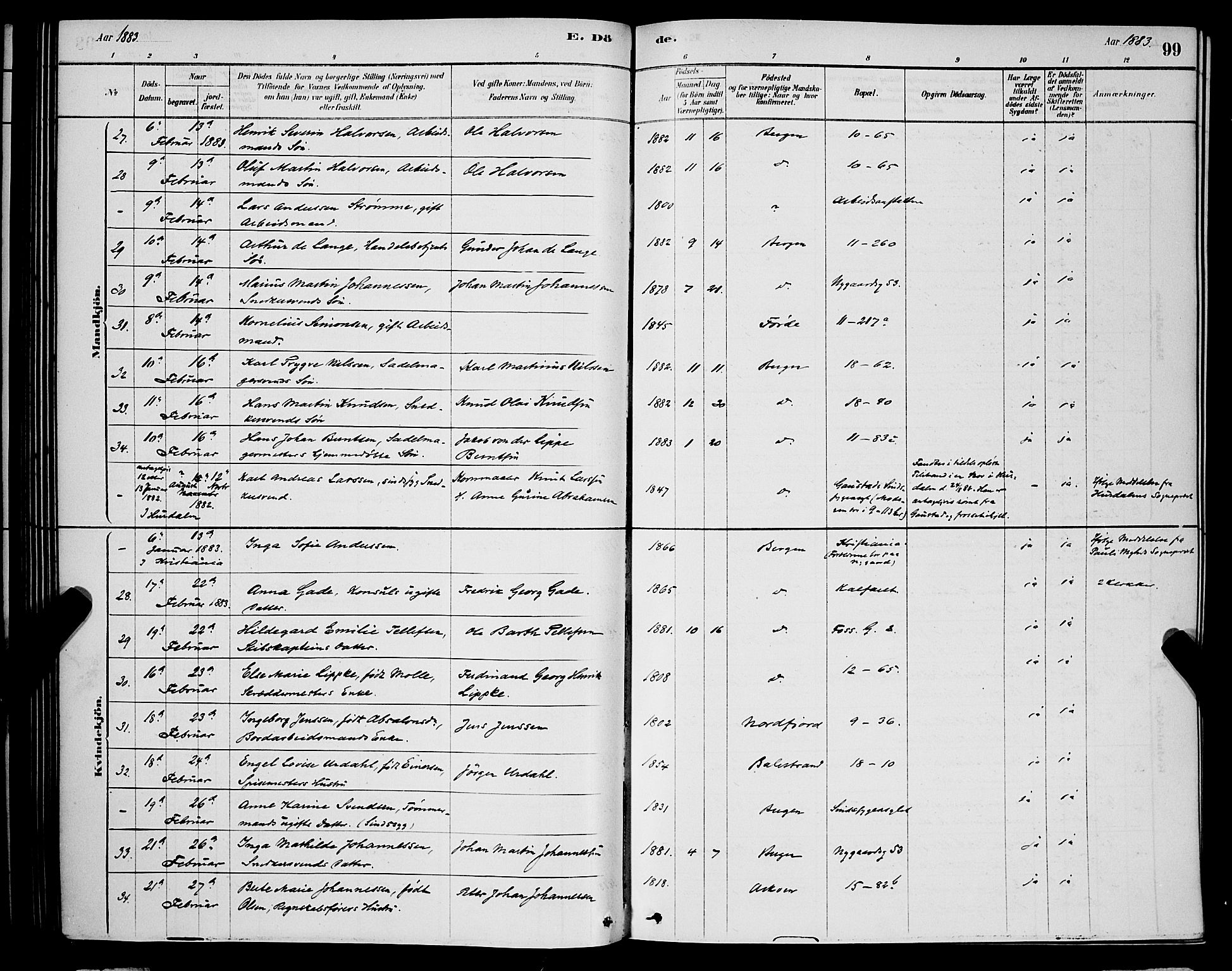 Domkirken sokneprestembete, AV/SAB-A-74801/H/Hab/L0041: Parish register (copy) no. E 5, 1878-1900, p. 99