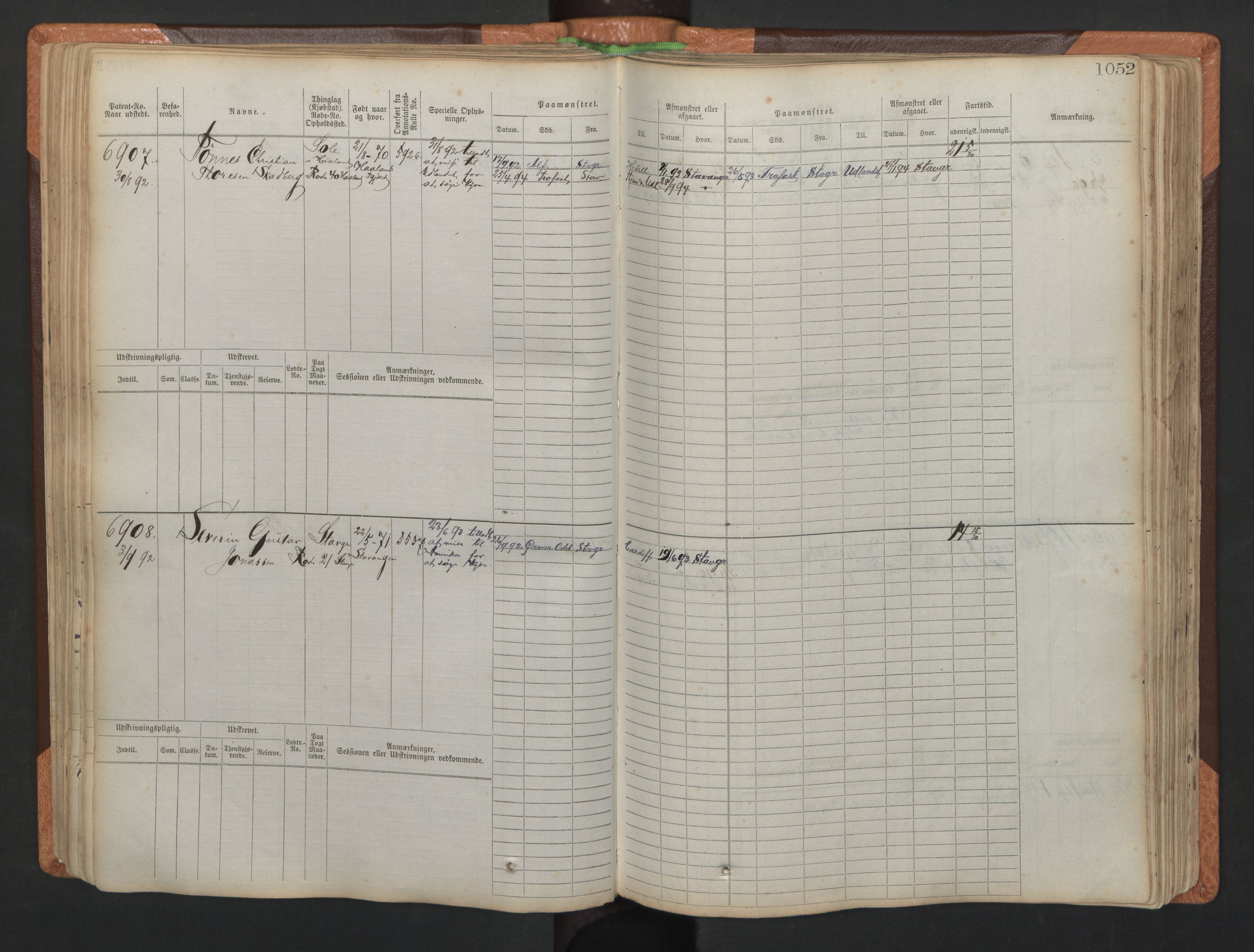 Stavanger sjømannskontor, AV/SAST-A-102006/F/Fb/Fbb/L0011: Sjøfartshovedrulle, patentnr. 6607-7206 (del 2), 1887-1896, p. 155