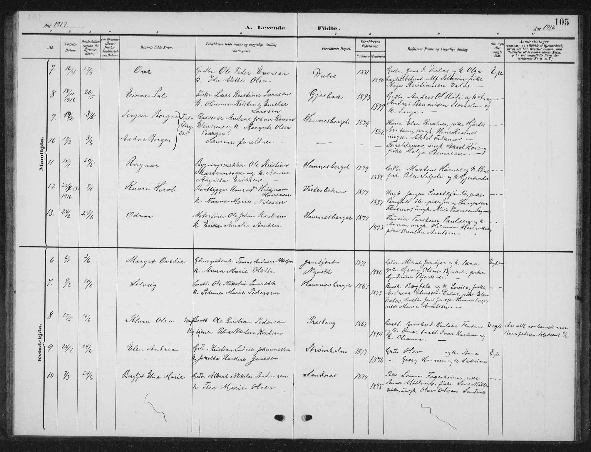 Ministerialprotokoller, klokkerbøker og fødselsregistre - Nordland, AV/SAT-A-1459/825/L0370: Parish register (copy) no. 825C07, 1903-1923, p. 105