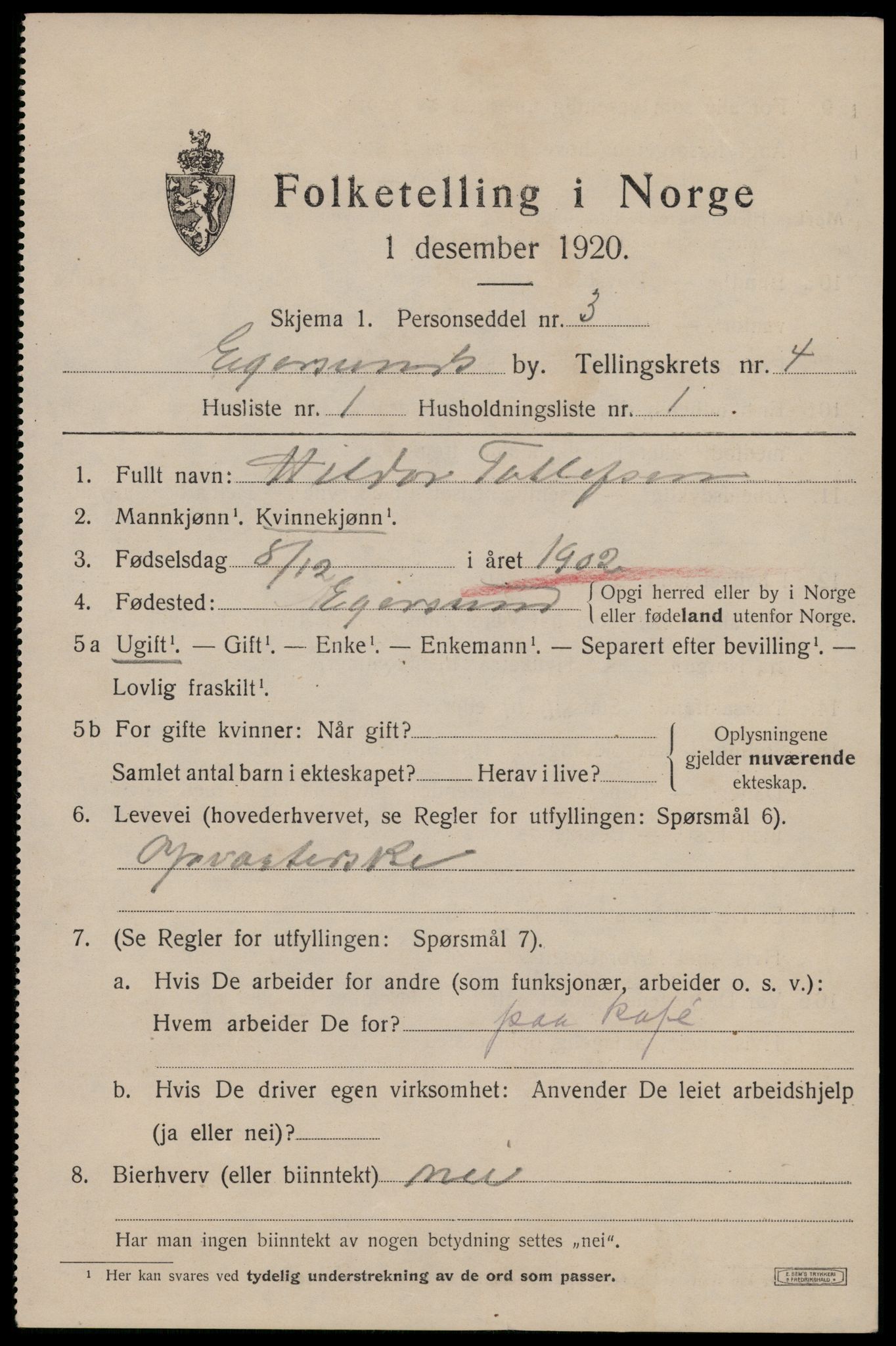 SAST, 1920 census for Egersund town, 1920, p. 6336