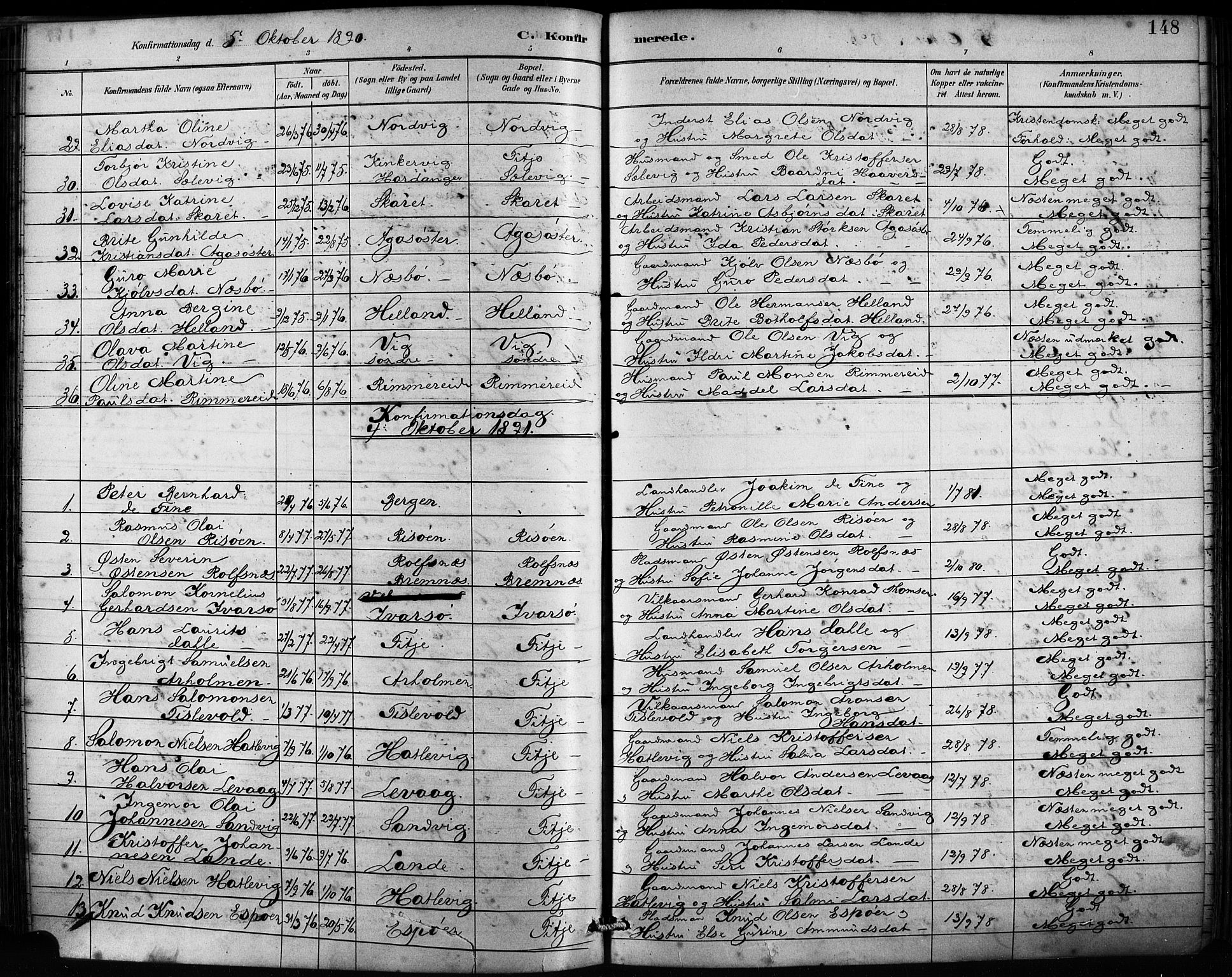 Fitjar sokneprestembete, SAB/A-99926: Parish register (official) no. A 2, 1882-1899, p. 148