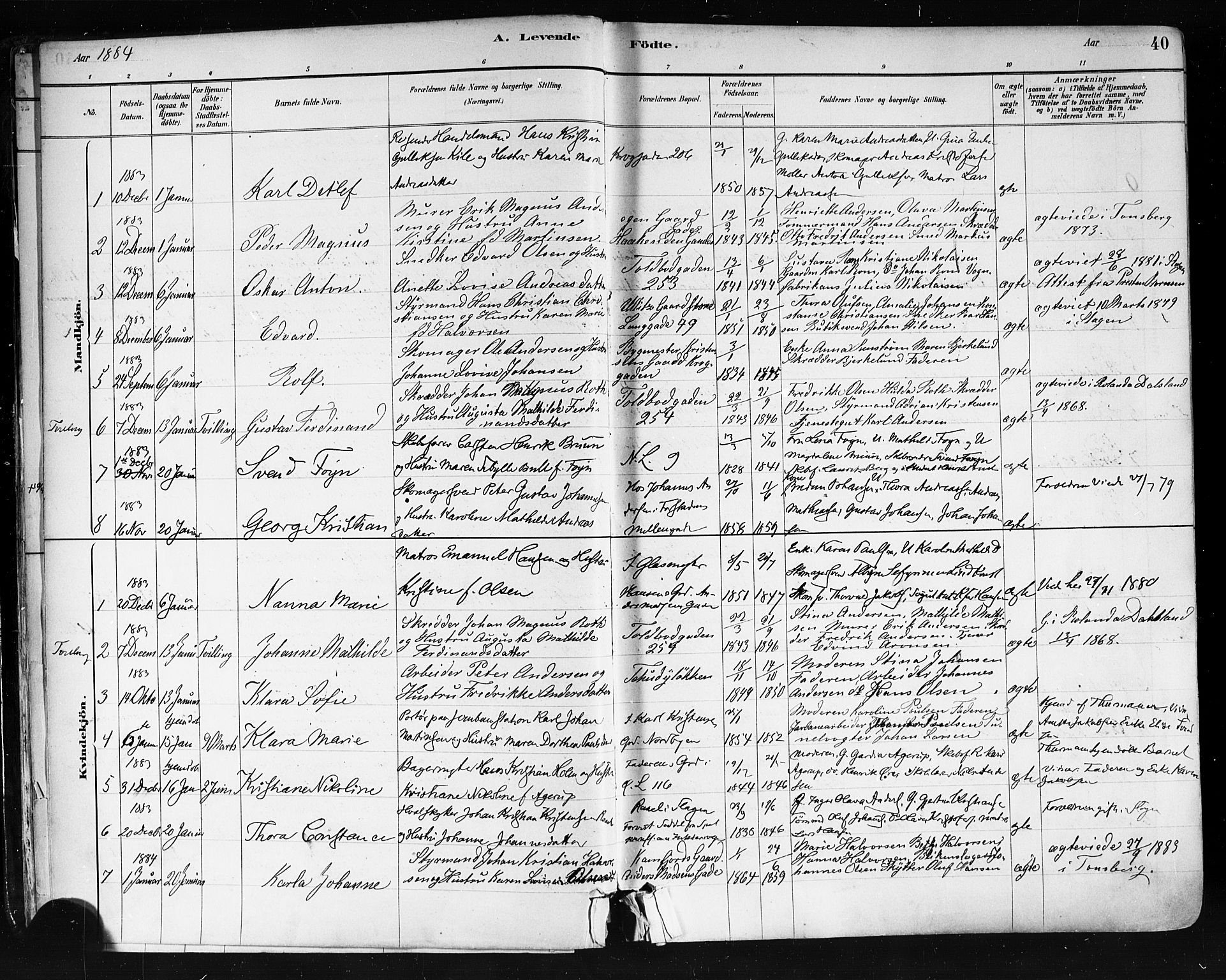 Tønsberg kirkebøker, AV/SAKO-A-330/F/Fa/L0011: Parish register (official) no. I 11, 1881-1890, p. 40