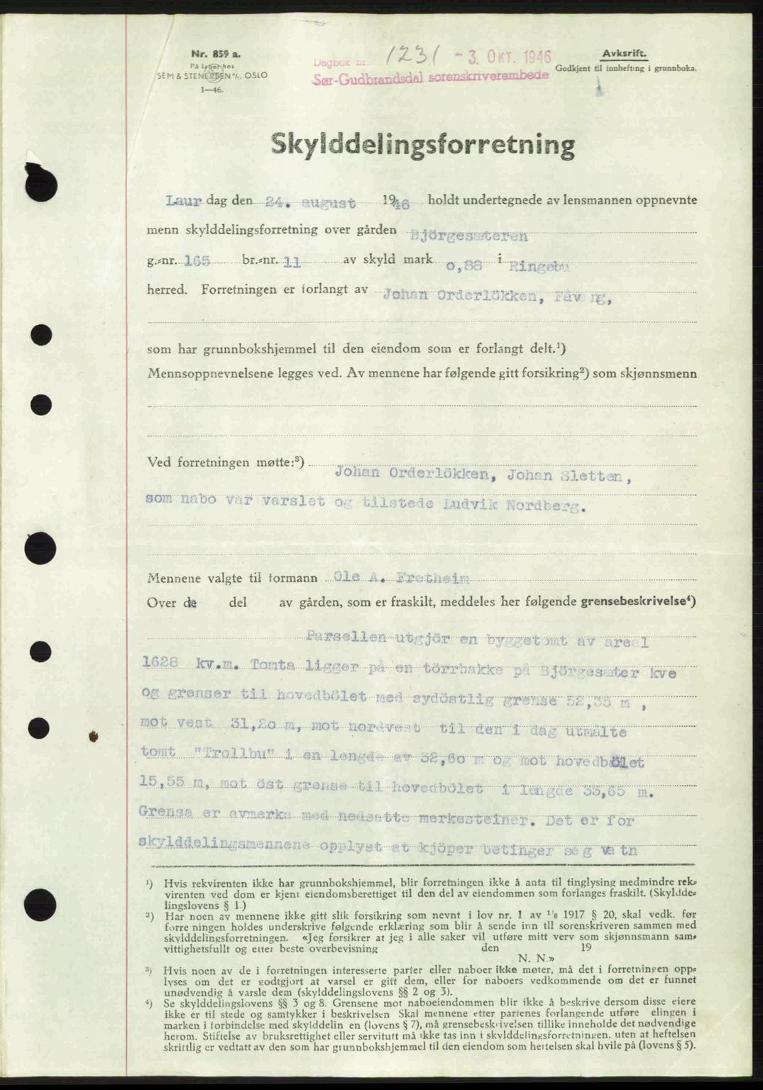 Sør-Gudbrandsdal tingrett, SAH/TING-004/H/Hb/Hbd/L0016: Mortgage book no. A16, 1946-1946, Diary no: : 1231/1946