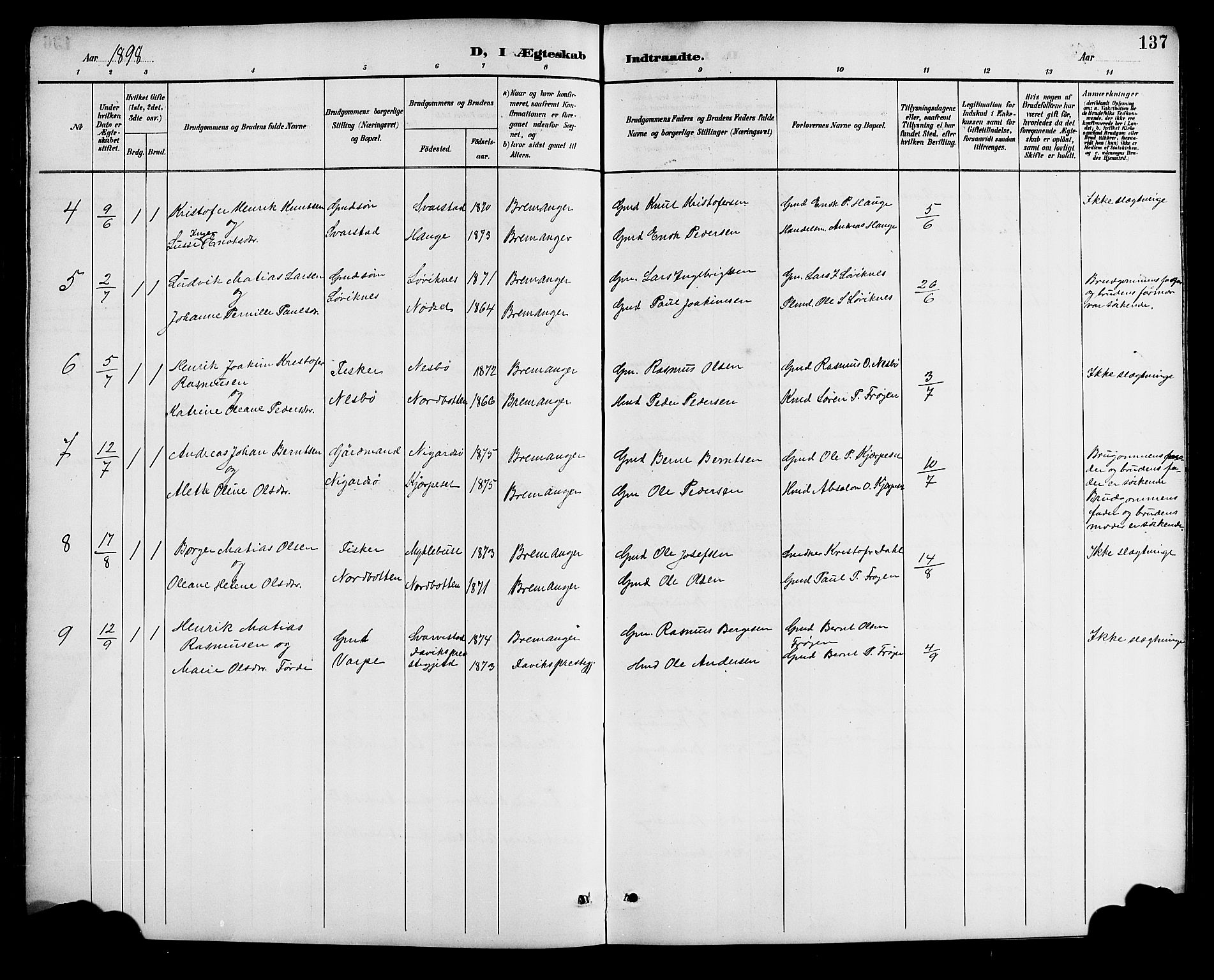 Bremanger sokneprestembete, SAB/A-82201/H/Hab/Haba/L0003: Parish register (copy) no. A 3, 1890-1908, p. 137