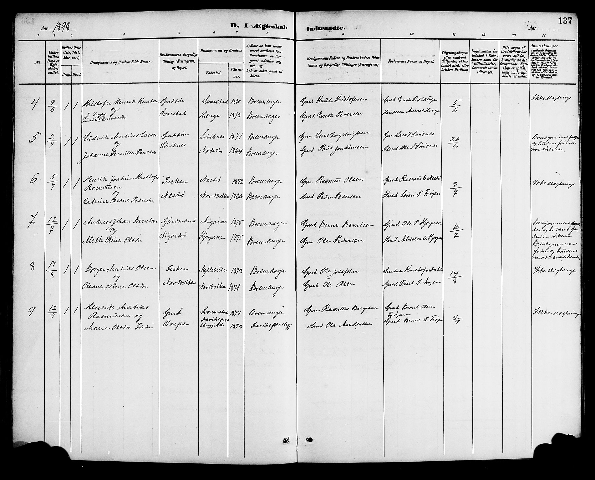 Bremanger sokneprestembete, AV/SAB-A-82201/H/Hab/Haba/L0003: Parish register (copy) no. A 3, 1890-1908, p. 137