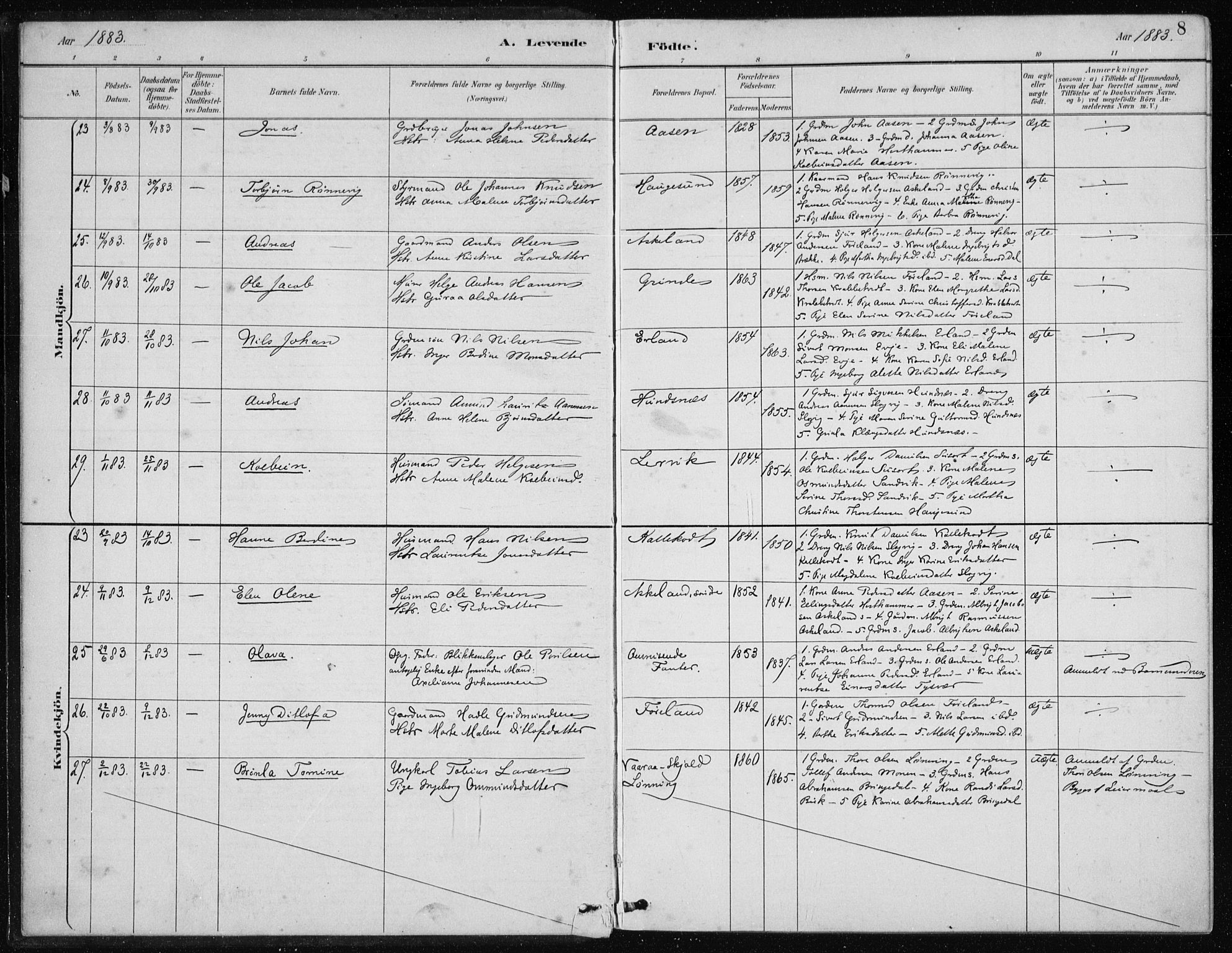 Tysvær sokneprestkontor, AV/SAST-A -101864/H/Ha/Hab/L0004: Parish register (copy) no. B 4, 1883-1896, p. 8